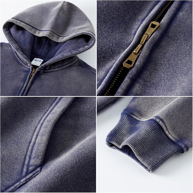 DXSHCV Oversize Men's Vintage Hoodie Zip Up Long Sleeve Sweatshirt with Pockets Acid Wash Streetwear Fleece Hoodies Jacket Black image 5