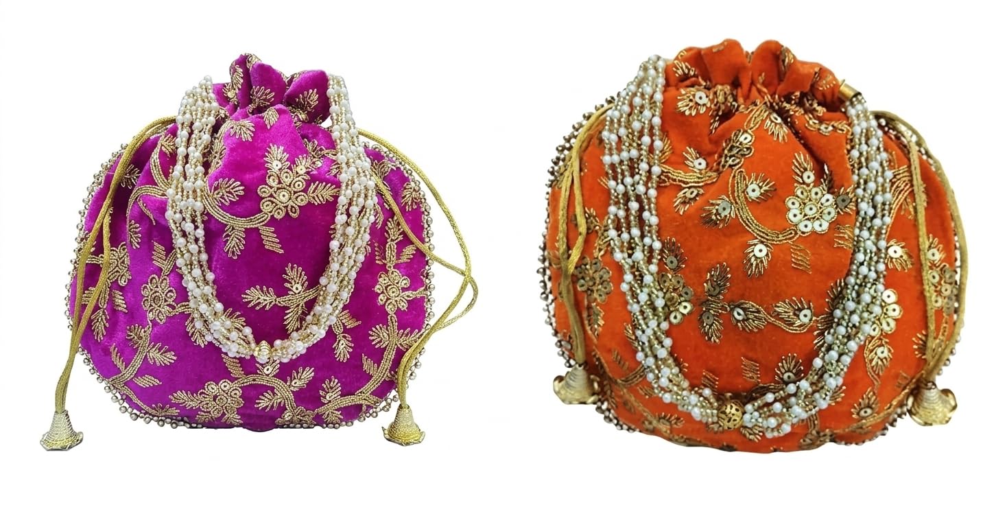 JDDCART Wedding Gifting Potli Combo Set of 2 Stylish Shagun Potli in Velvet Feel Floral Design Fabric with Sequins Design of Flower Pattern (Rani Pink, Gold, Orange)-picture-10