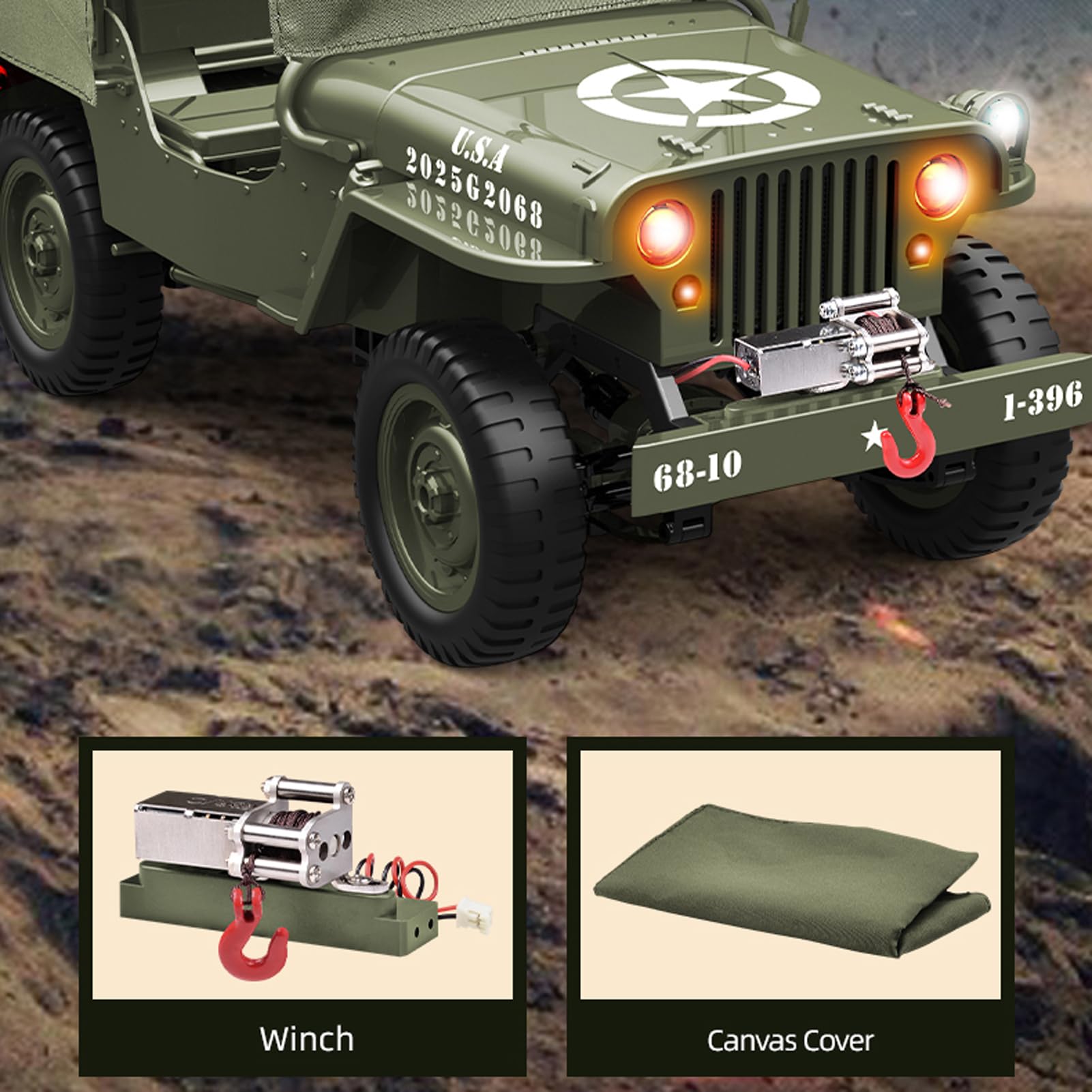 Voiture télécommandée, 1:10 véhicule Tout-Terrain Rock Crawler 2,4 GHz 4 Roues motrices avec lumières, Housse en Toile, électrique Tout-Terrain