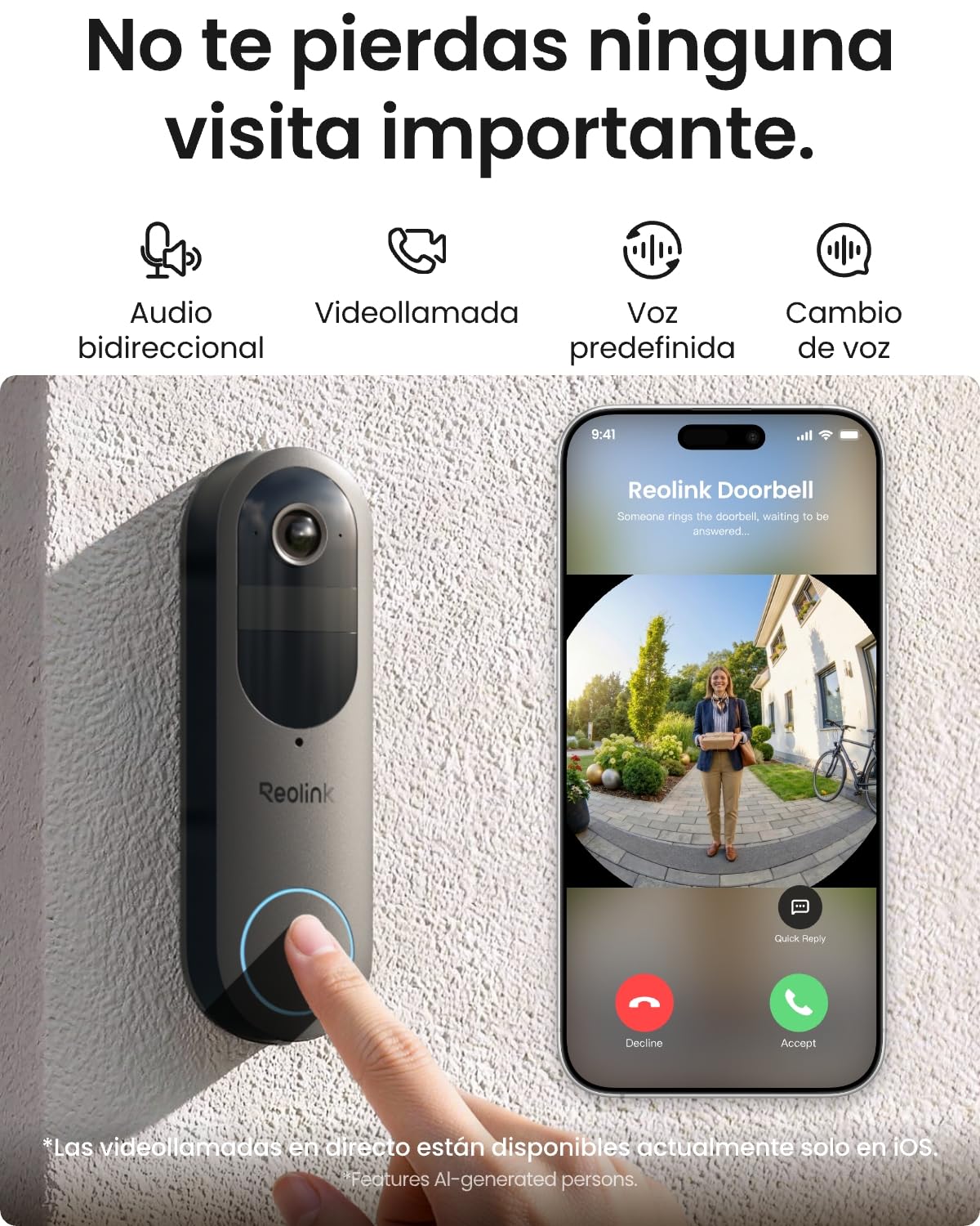 Reolink Timbre con Camara Exterior, 2K HD, Battery Video Doorbell (2nd Gen) | Vista 1:1 cuerpo, Inalámbrico/cableado, Wi-Fi 2,4/5 GHz, Almacenamiento local, Detección IA, Notificaciones inteligentes