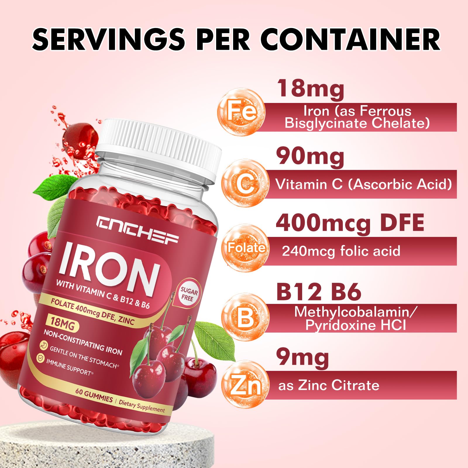 Iron Supplement for Women & Men Gummies, Multivitamin Blood Builder Iron Supplement with Folate Vitamin C B12 B6 Zinc for Adults & Kids - Energy Support - Cherry Flavor, Vegan 60 Gummies — Amazon image 3