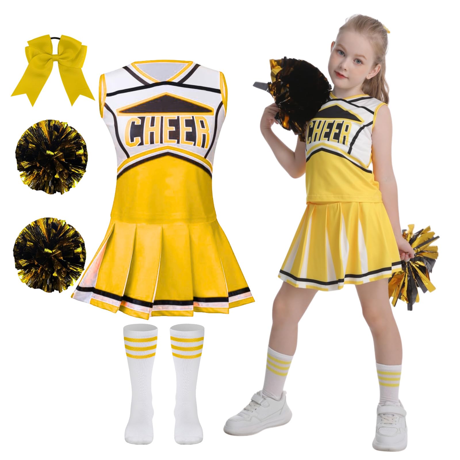 maxToonrain Girls Cheerleader Costume 5 PCS Classic Style Kids Cheerleader Outfit with Pull Ring Pom Poms, Top, Skirt, Socks and Headband for 2026 World Book Day Halloween School Events(Yellow, 8-9Y)