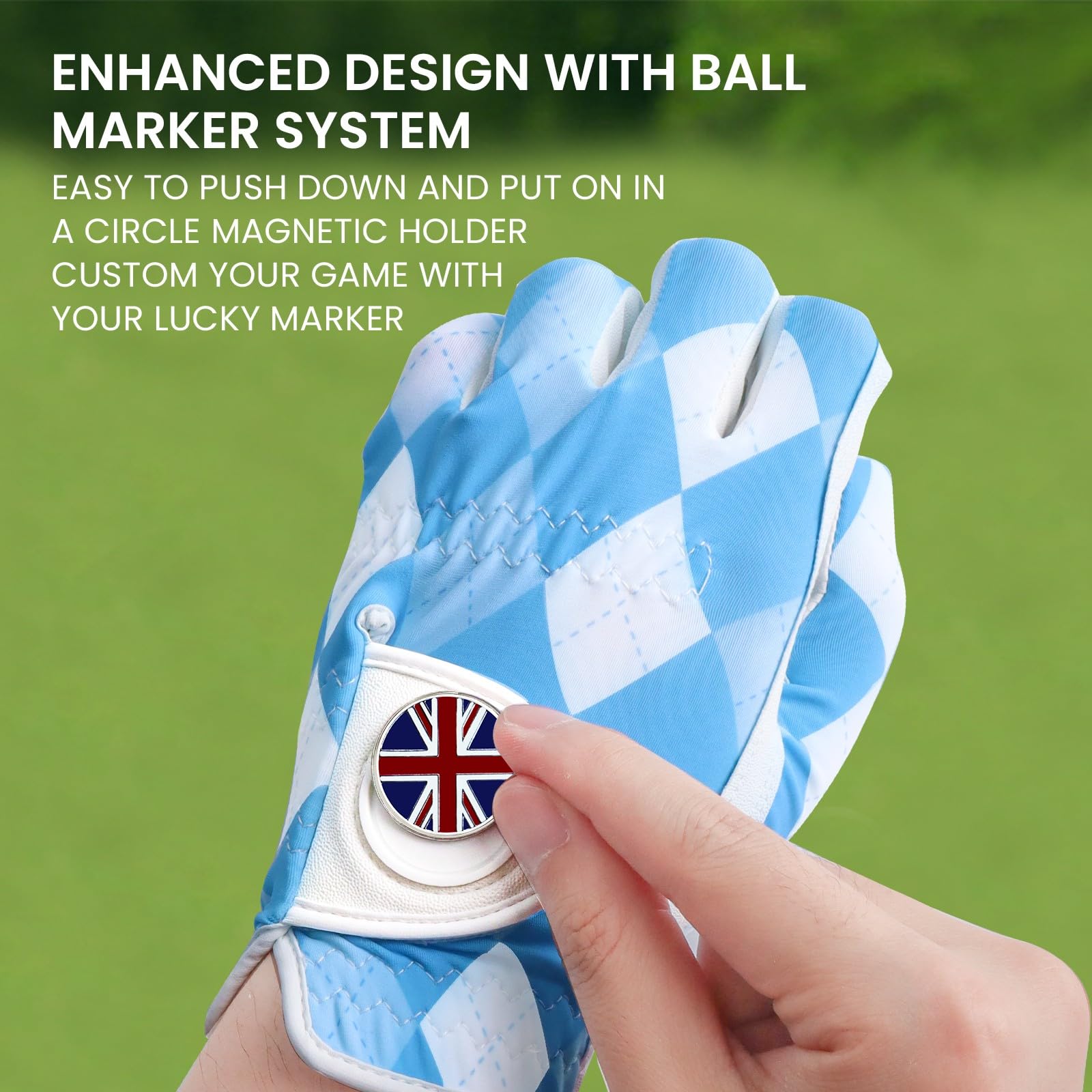 FINGER TEN Golf Gloves Men Left Hand Right with Ball Marker Cabretta Leather Weathersof Rain Grip Value Pack,Mens Golf Glove Fashion Pattern Wear Resistant (Blue Plaid-1 Pack - Image 4