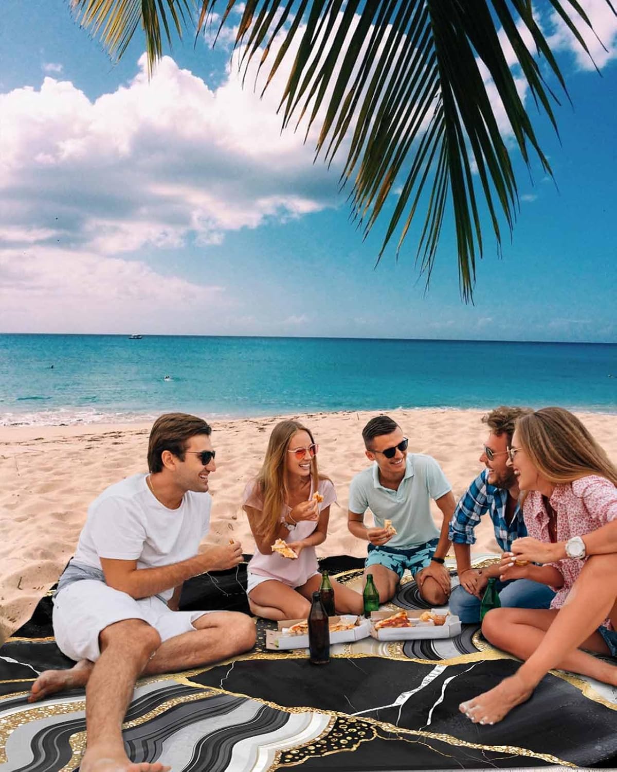 Independence Day American Star Boho Eucalyptus Lead Beach Blanket Waterproof Outdoor Picnic Mat 95"x80" Buffalo Tartan Plaid Lightweight Large Beaach Blankets with 4 Stake & 4 Corner Pockets