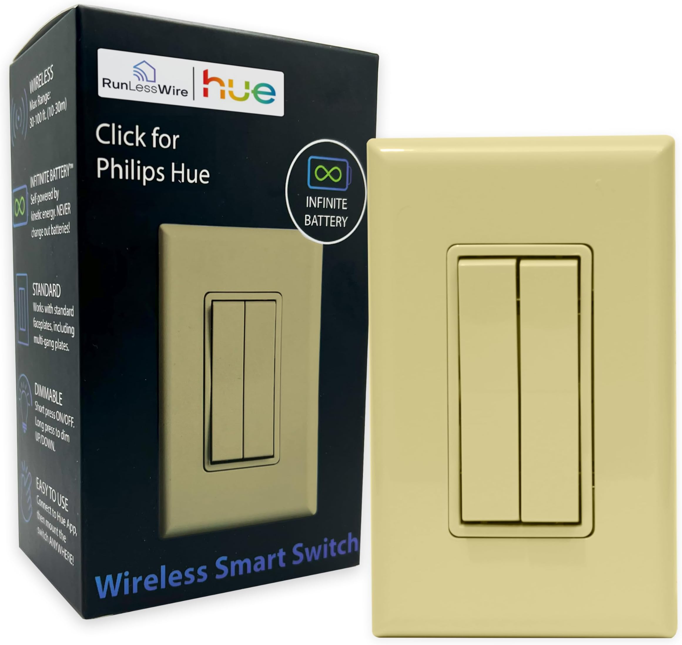 - Click for Philips Hue – Battery-Free Wireless Smart Light Switch, 30ft Range – Works Natively with Philips Hue Bridge – Wall Mount Kinetic Switch - Decora Style, Ivory