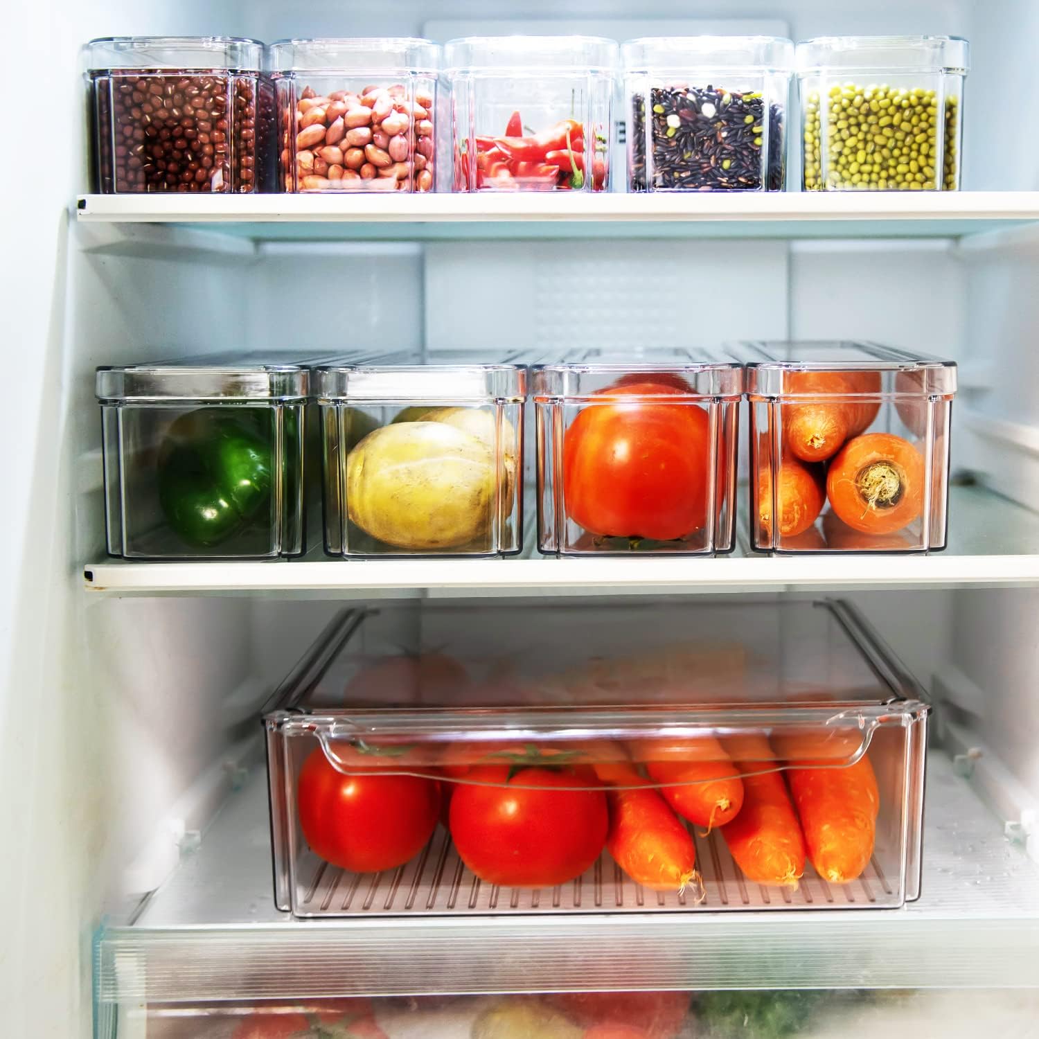 Homics Set of 10 Refrigerator Freezer Organizer Bins, Stackable Organization and Storage Containers for Food, Fruits, Vegetable, Pantry, Clear Containers with Lids BPA Free