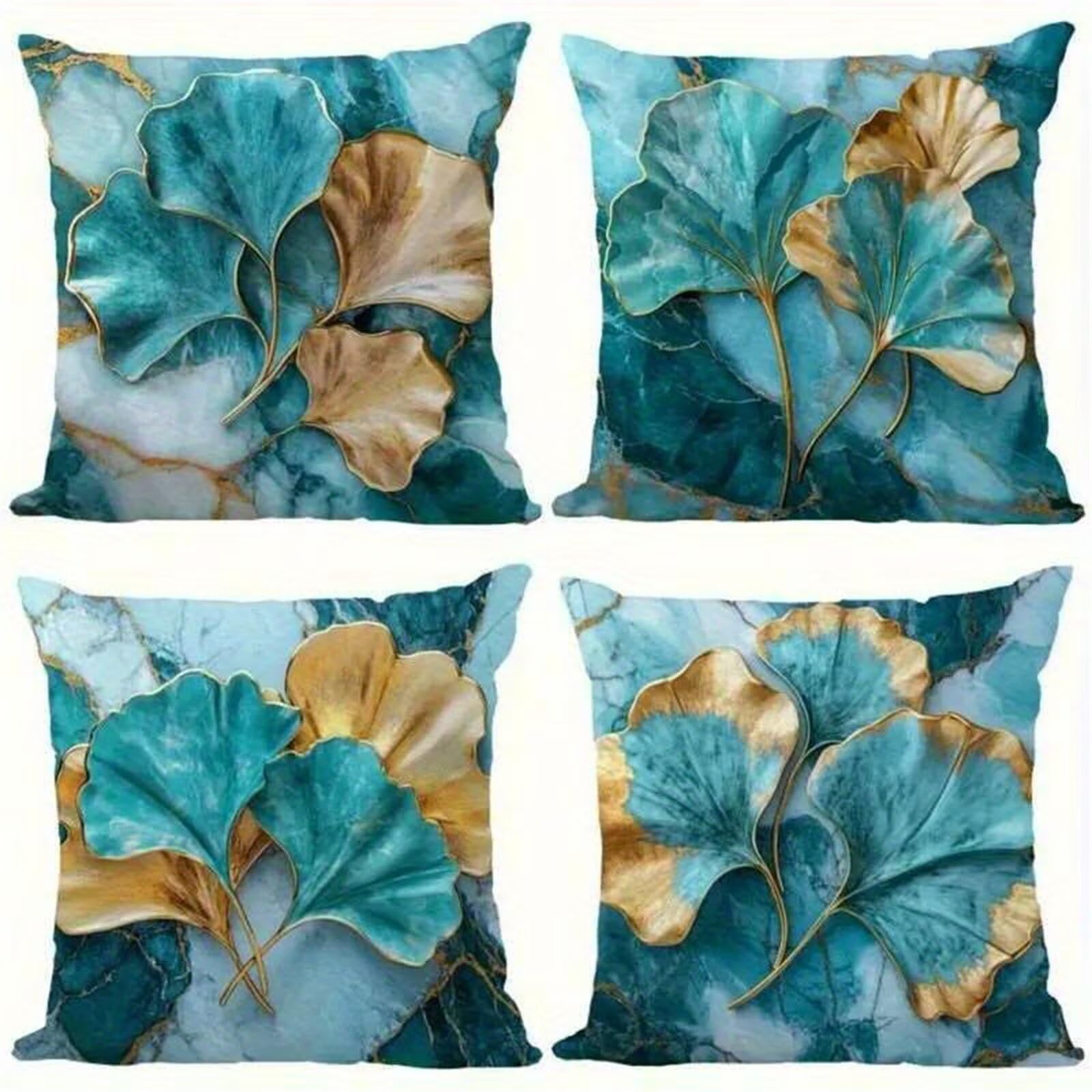 QiHon Cushion Covers 55x55 cm Set of 4 Blue Palm Leaves Linen Square Pillow Cases 22x22 inch Modern Decorative Throw Pillow Covers for Sofa Couch Bedroom Home Office with Invisible Zipper