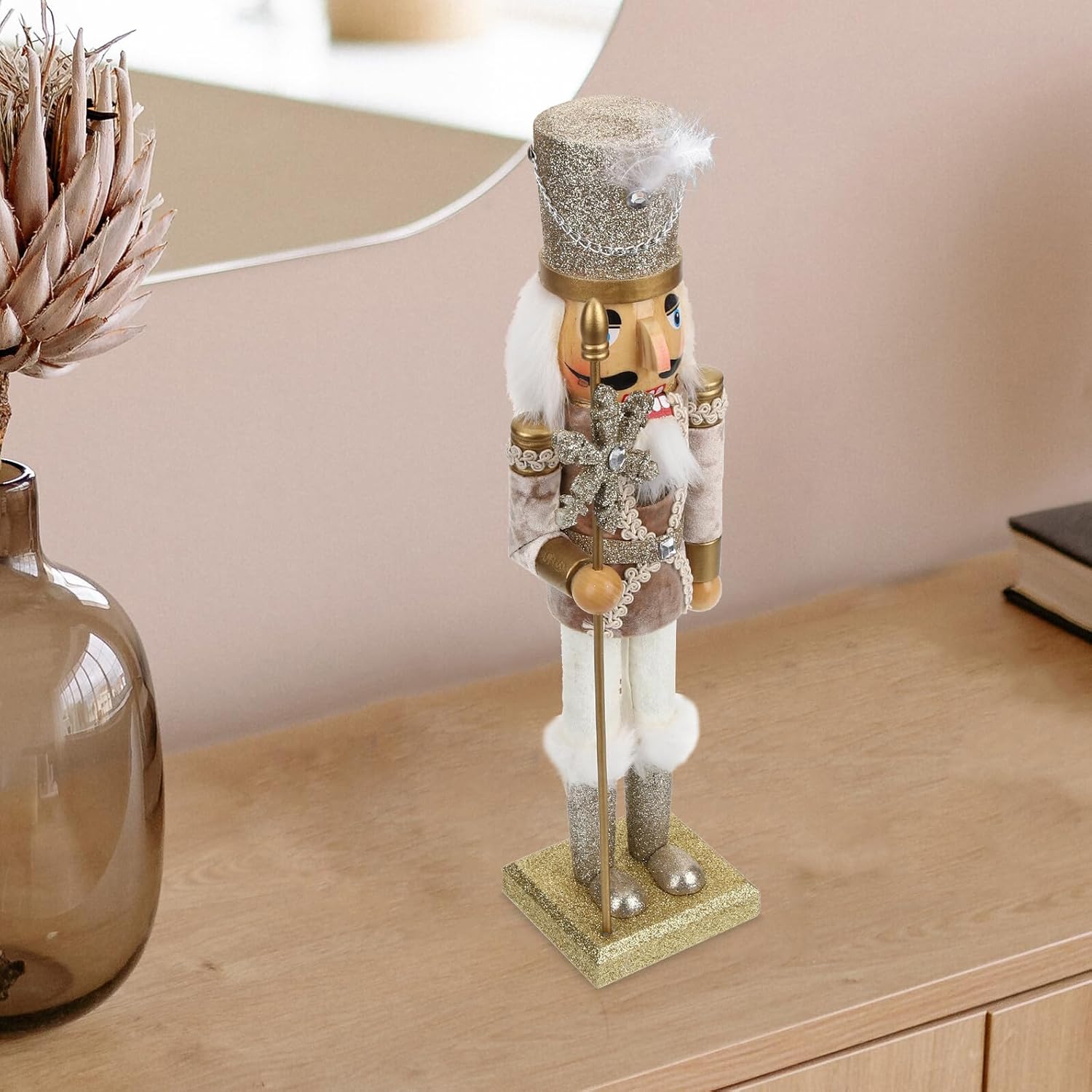38cm Wooden Nutcracker Soldier Figurine Christmas Nutcracker Decor with Gold Snowflake Velvet Finish Festive Tabletop Ornament for Holiday Home Decoration