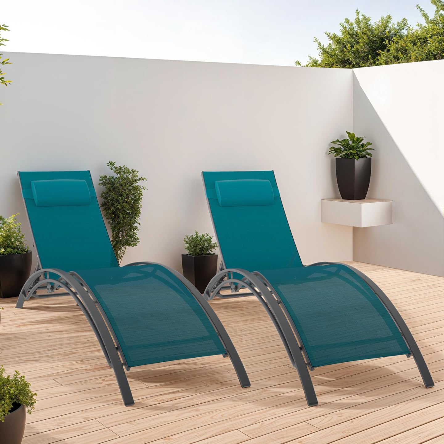 IDMarket - Lot de 2 transats de Jardin inclinables en Acier Havane Gris Anthracite et Toile Bleu Canard avec Coussin