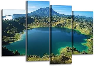 Canvas Wall Art Prints Pictures Java Volcanic Turquoise Lake Dieng Plateau Color Lake Indonesia Framed Posters Modern Wall Painting Artwork Gift Home Decor for Living Room Ready to Hang 4 Panel