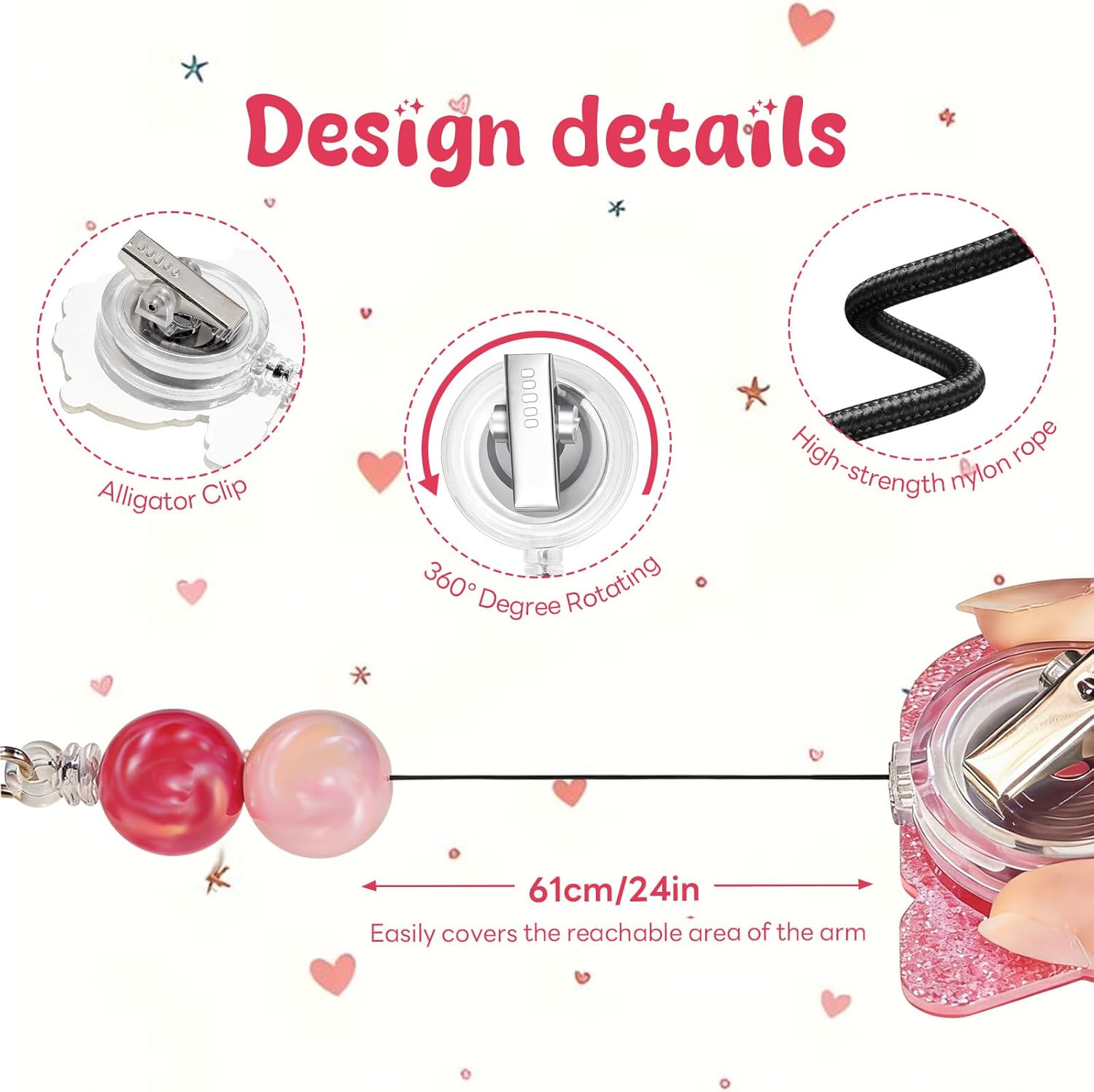 Cute XO Valentine's Day Badge Reel Pink Love Hearts and Doughnut Badge Holder Retractable Name Tag with Glossy Beads for Nurse Doctor Medical Student Work Accessories - Image 3