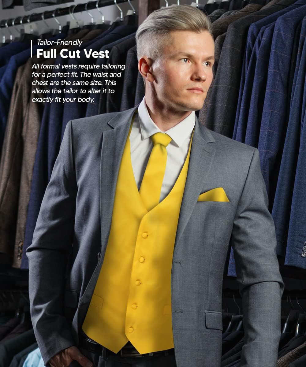 Solid Color Satin Suit Vest for Men Set of 4 - Vest, Tie, Bow Tie & Pocket Square (White Back)