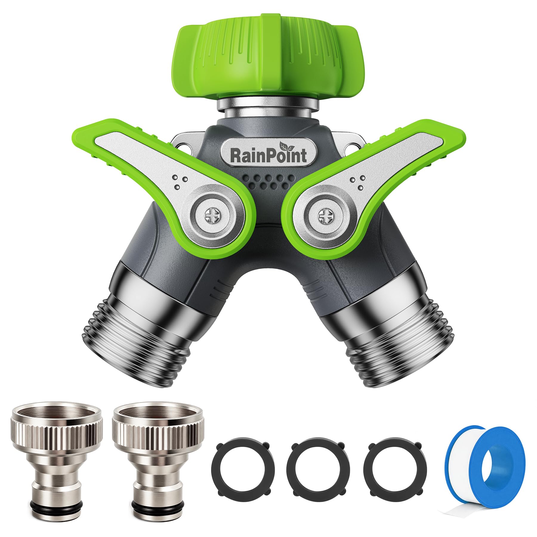 RAINPOINT Garden Hose Splitter 2 Way, 3/4" Heavy Duty Water Hose Y connector with Shutoff Valves and 3/4" to 1/2" Adapter, 100% Metal Body Outdoor Faucet Splitter, 1.9" Extra Long Metal Handle