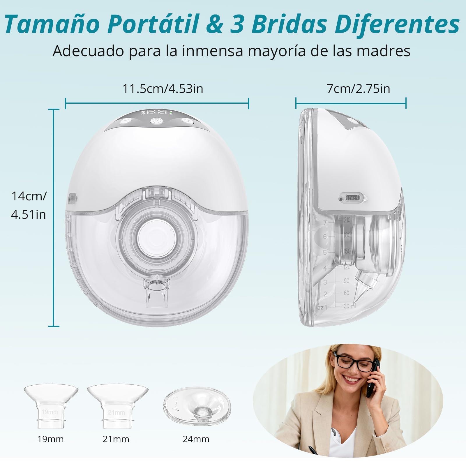 2 Piezas Sacaleches Eléctrico Manos Libres,con 4 Modos y 12 Niveles | Extractor de Leche Portátil Silenciosa Con Brida de 19/21/24 mm y Gran Capacidad de 210 ml, Diseño Antidesbordamiento