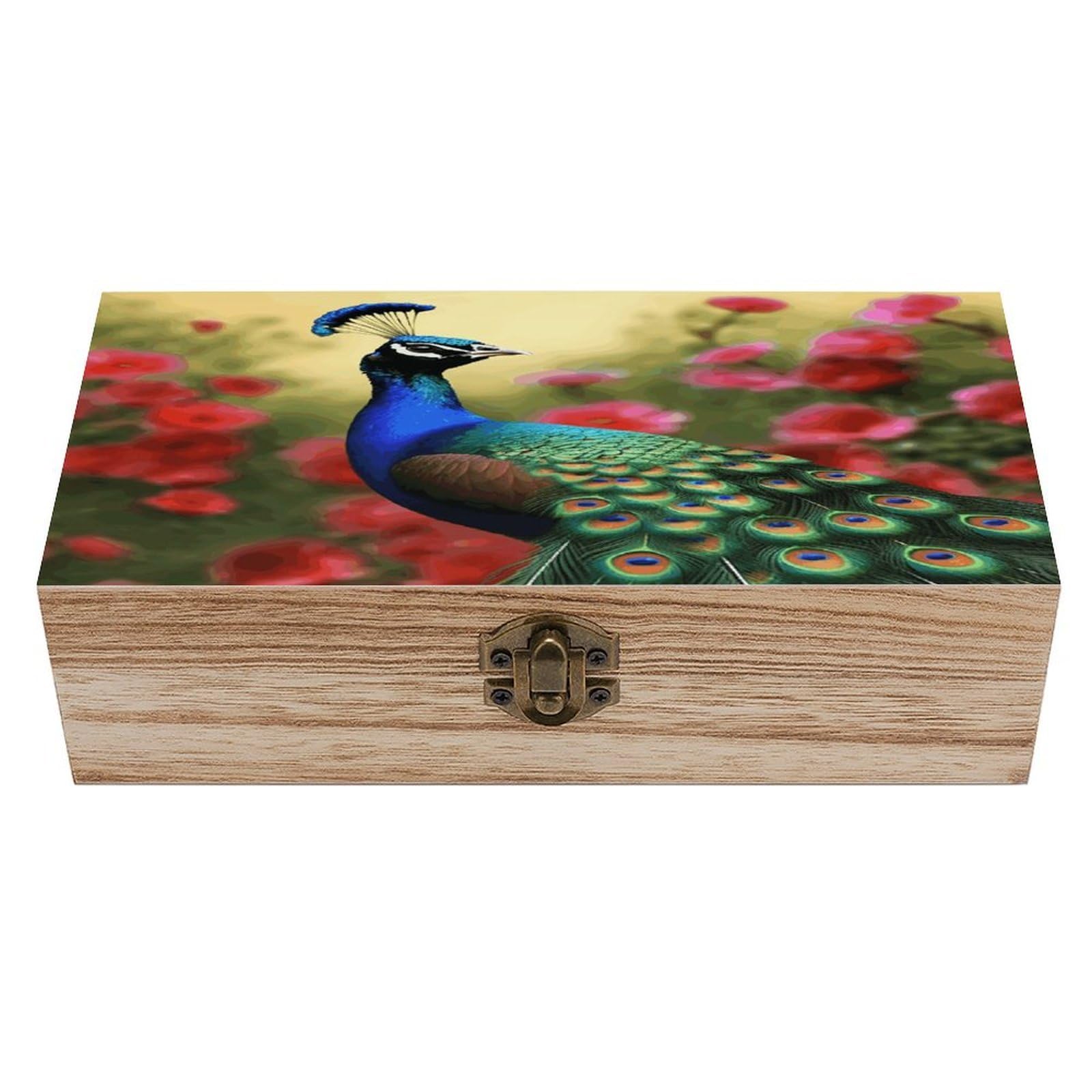 VstaDank Peacock Flowers Wooden Storage Box with Hinged Lid Natural Wooden Box Beautifully Keepsake Boxes Vintage Wood Boxes Jewelry Organizer Trinket Storage Chest Unique Gift