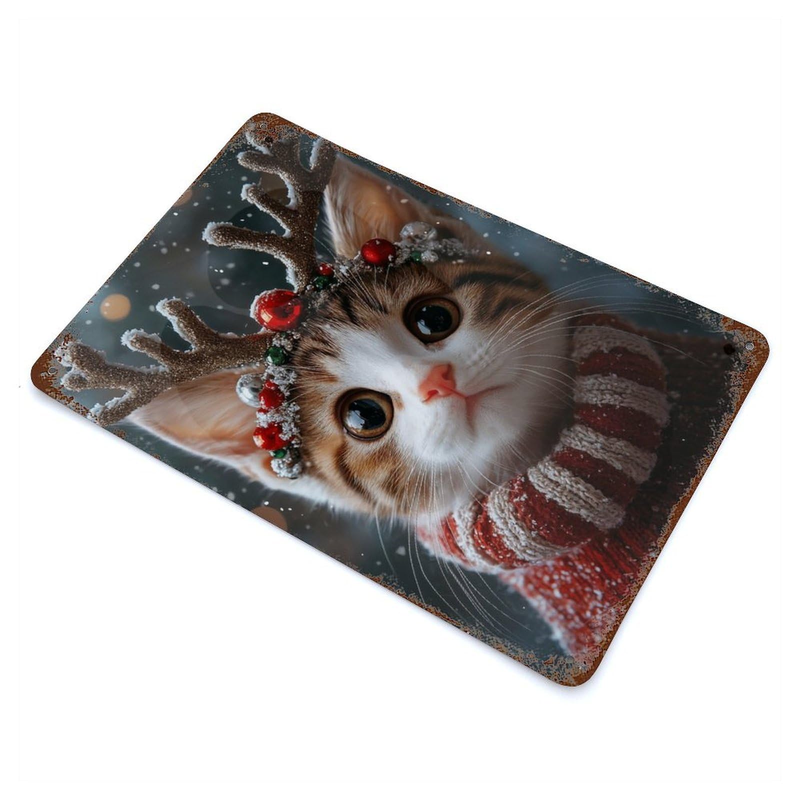 Vintage Rust Metal Sign with Christmas Cat with Reindeer Antlers Design 11.8"x7.9", for Shed, Workshop And Garage Wall Decor, Classic Wall Plaque