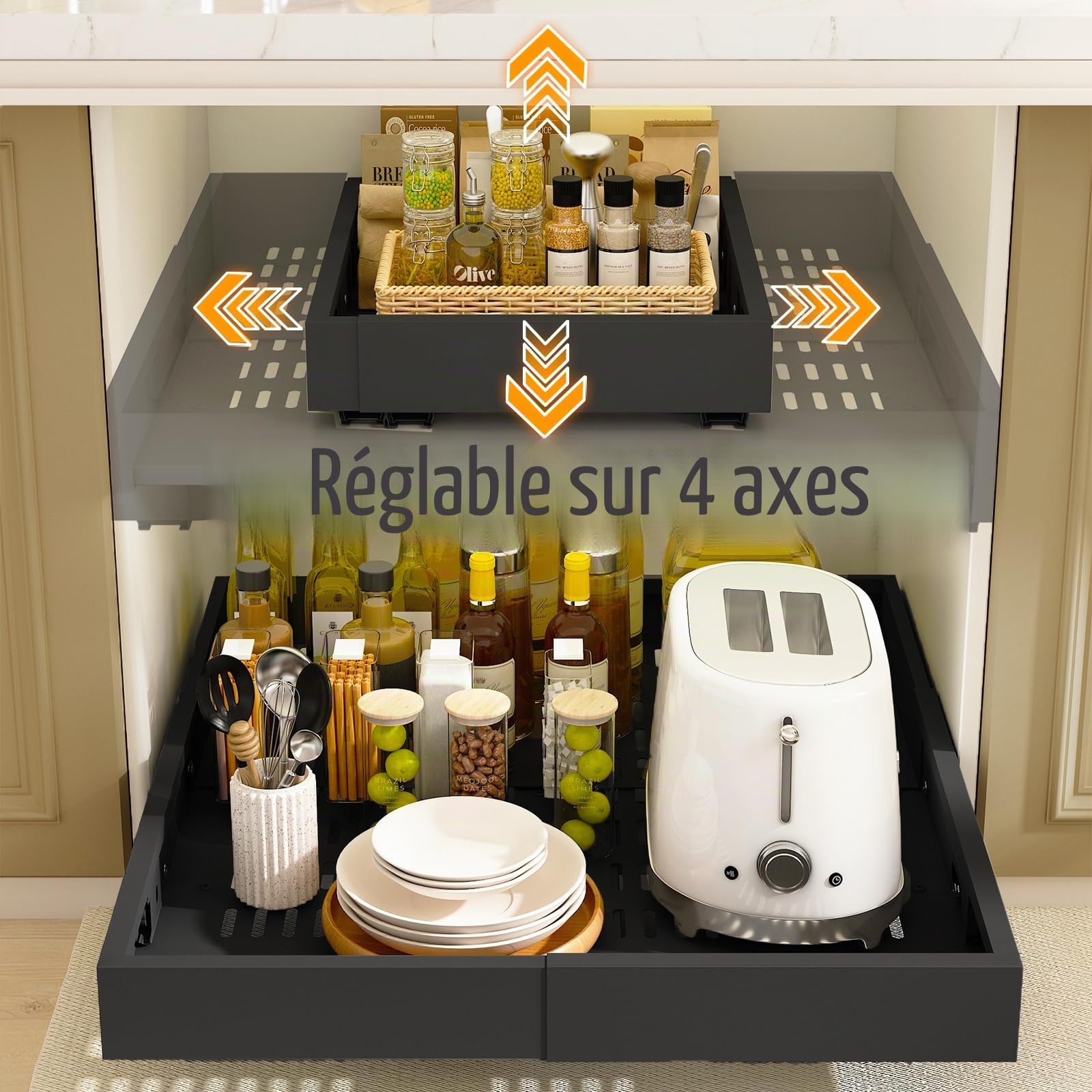 Lot de 2 Tiroirs Coulissants Cuisine-4 directions extensibles, Largeur 32–53 cm & Profondeur 41,5–61 cm, Tiroir Télescopique Métallique, Organisateur d'Armoire, Montage Adhésif/Vis, Noir