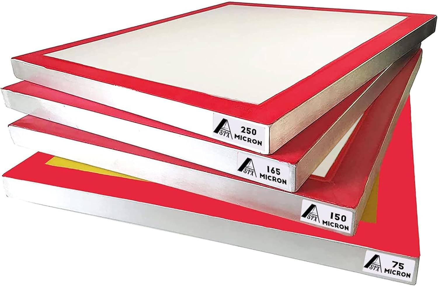 Aluminum Screen Printing Screens, 20 x 24 Inch Pre-Stretched Silk Screen Frames, Dry Sift Screen Set, Polyester mesh Screen, 60 90 110 200 Mesh, Micron Equiv 250 165 149 75 (4pack), 3 White 1 Yellow