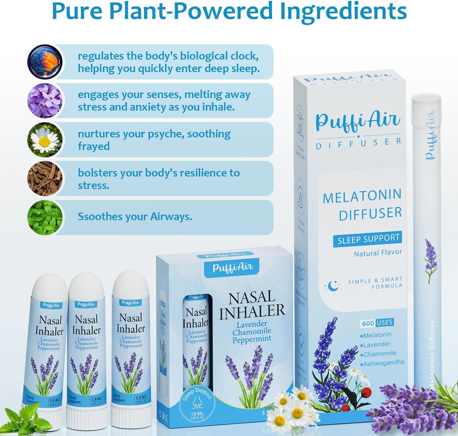 PUFFIAIR Herbal Melatonin Diffuser + Lavender Nasal Sticks (3 Pack) | Lavender, Chamomile, Ashwagandha | Sleep Support, Stress Relief, Stuffy Nose Relief | 600 Uses