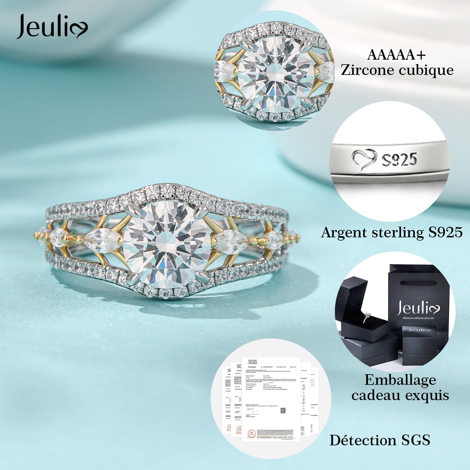 Jeulia Bagues rondes en argent sterling pour femme bagues de fiançailles bicolores avec boîte à bijoux pour femme, petite amie, anniversaire de mariage, Saint-Valentin