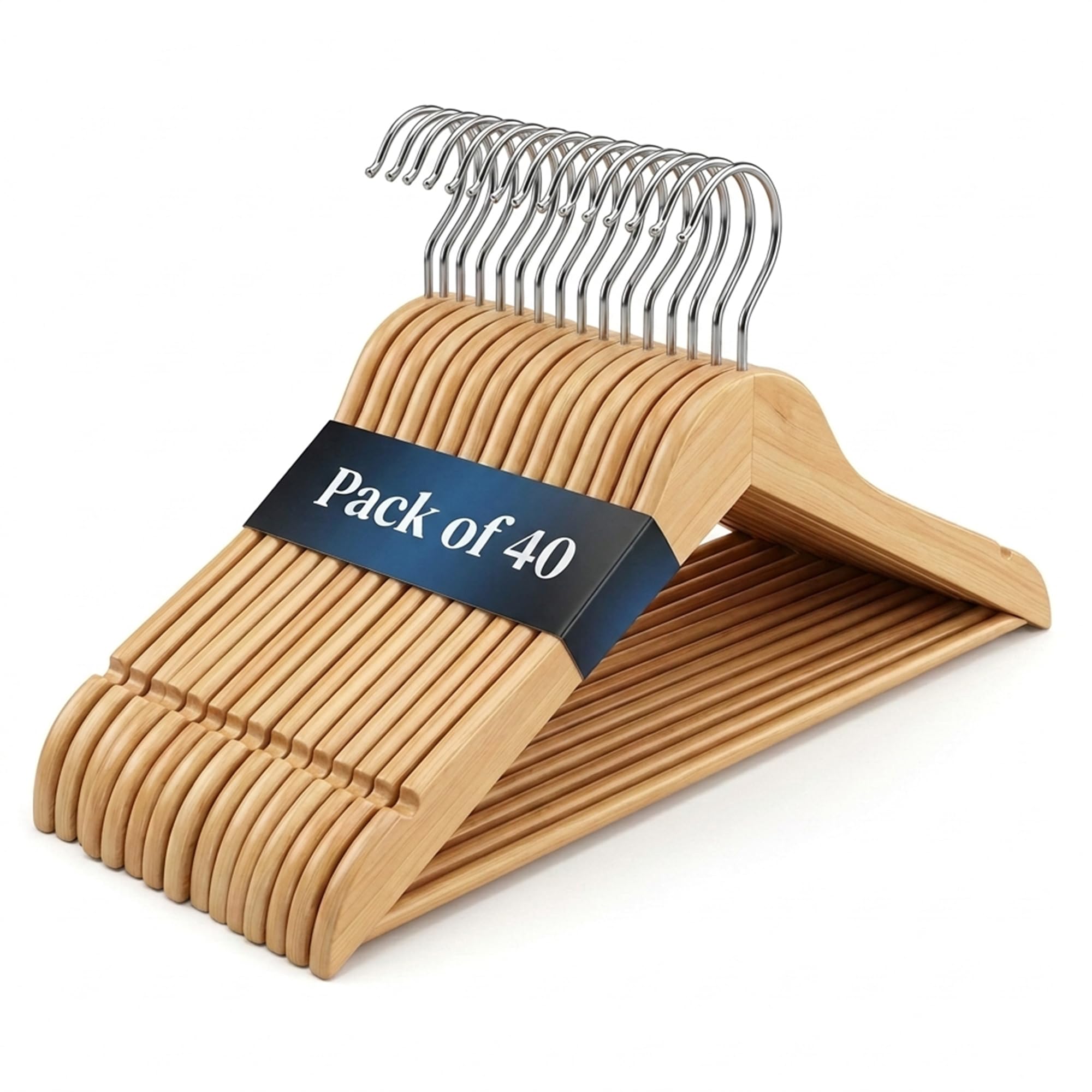 Premium Strong Brown Wooden Coat Hangers, Pack of 40 Heavy Duty Solid Wood Hangers with Non Slip Trouser Bar, 360° Rotating Hook, Space Saving Closet Organizer for Clothes, Coats, Suits & Jackets