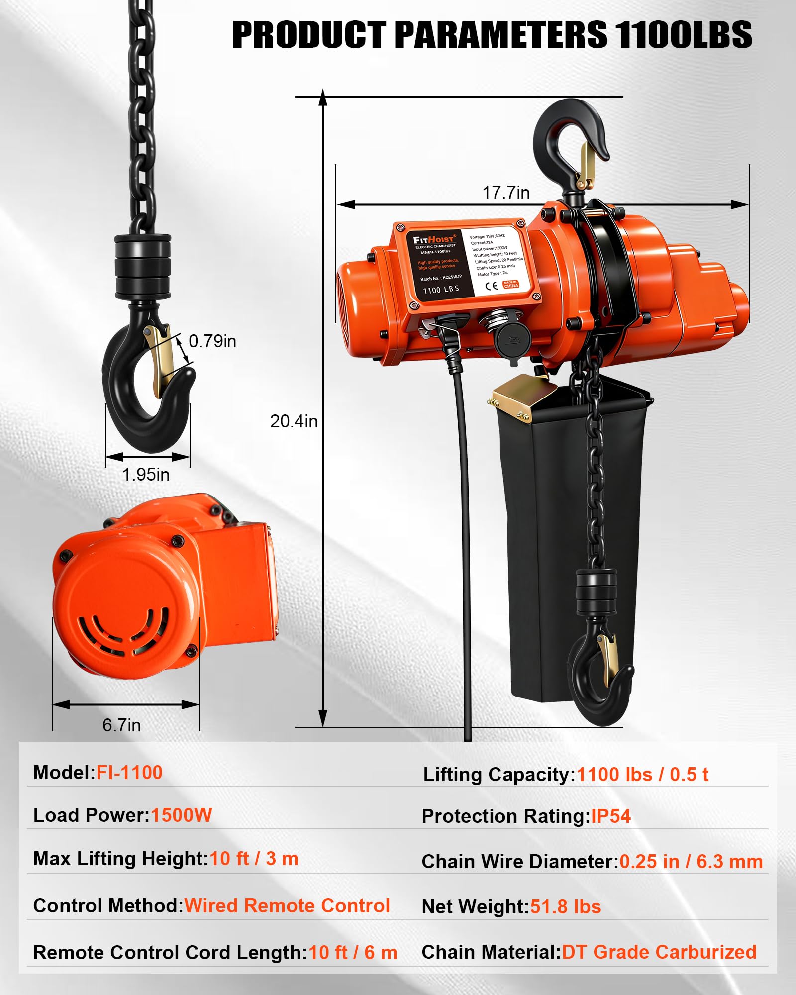Polipasto eléctrico de cadena, polipasto eléctrico de 1100 libras con control remoto con cable de 20 pies, altura de elevación de 10 pies, grúa monofásica de 1500 W con cadena para fábricas