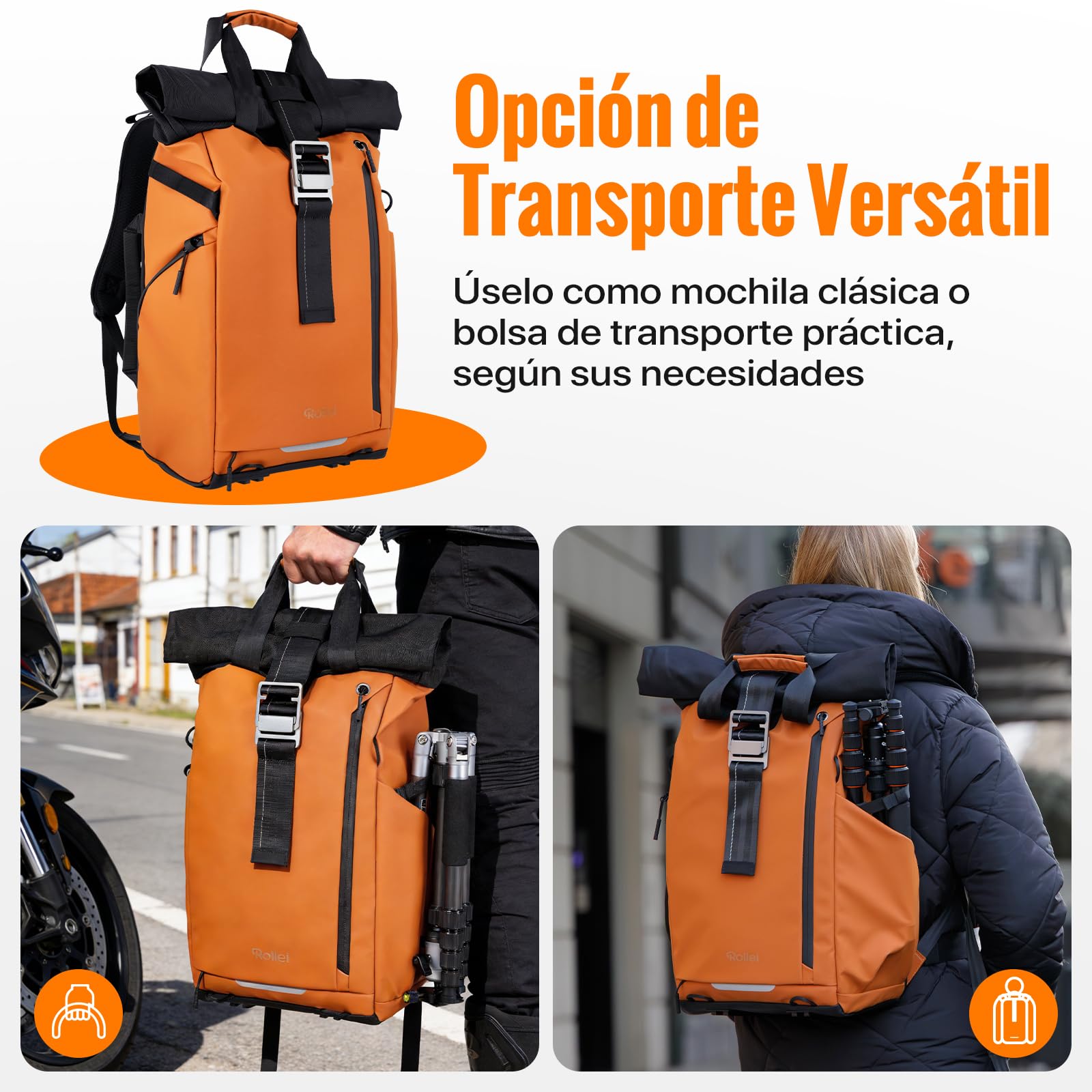 Mochila para Cámara Rollei Fotoliner Ocean Rolltop Gran Mochila Fotográfica Impermeable con Compartimento para Laptop Mochilas Camaras Fotos para Cámara DSLR 20L Naranja Cámara-Camara-Mochilas-Rolltop