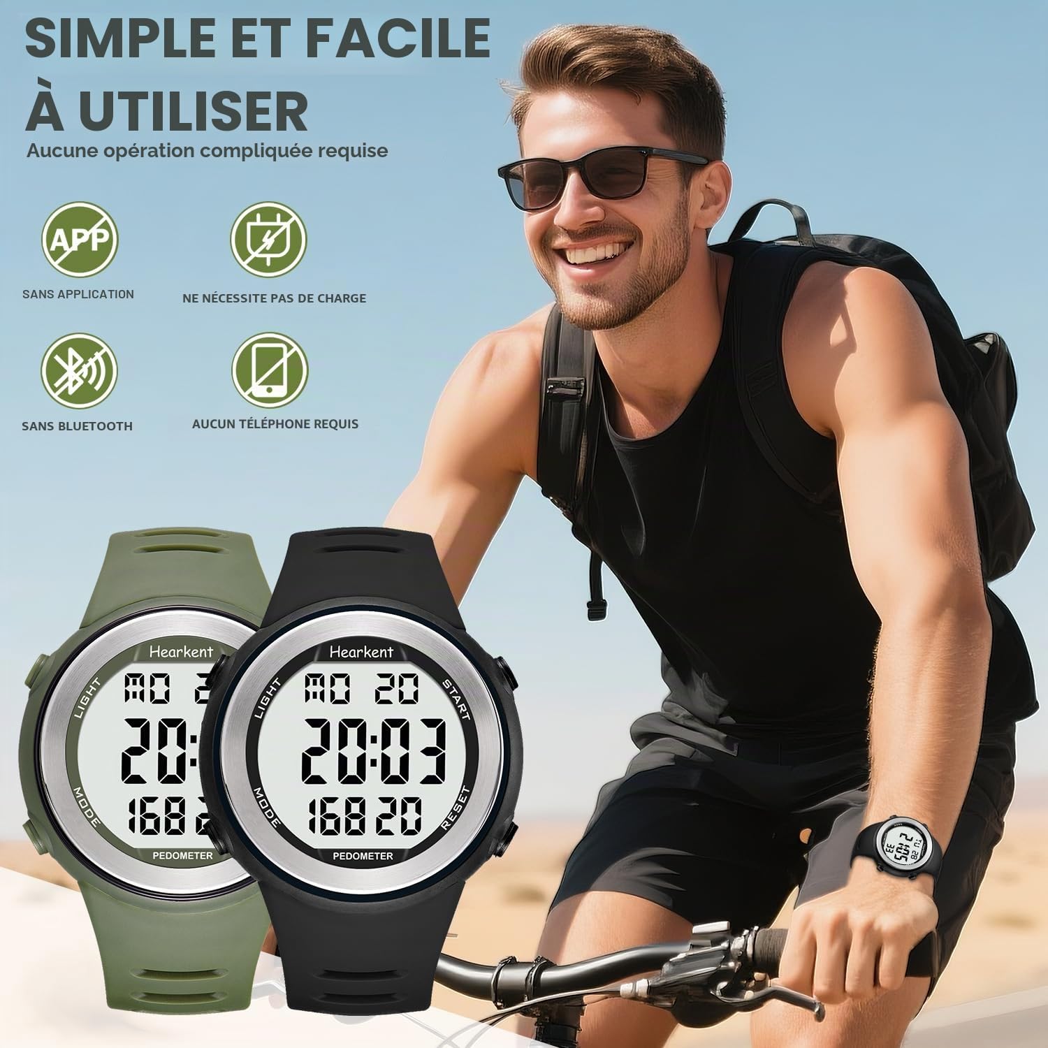 Hearkent Montre podomètre étanche avec compteur de pas, calories | Pour personnes âgées sans Bluetooth, pas besoin d'application, grands numéros LCD (vert)