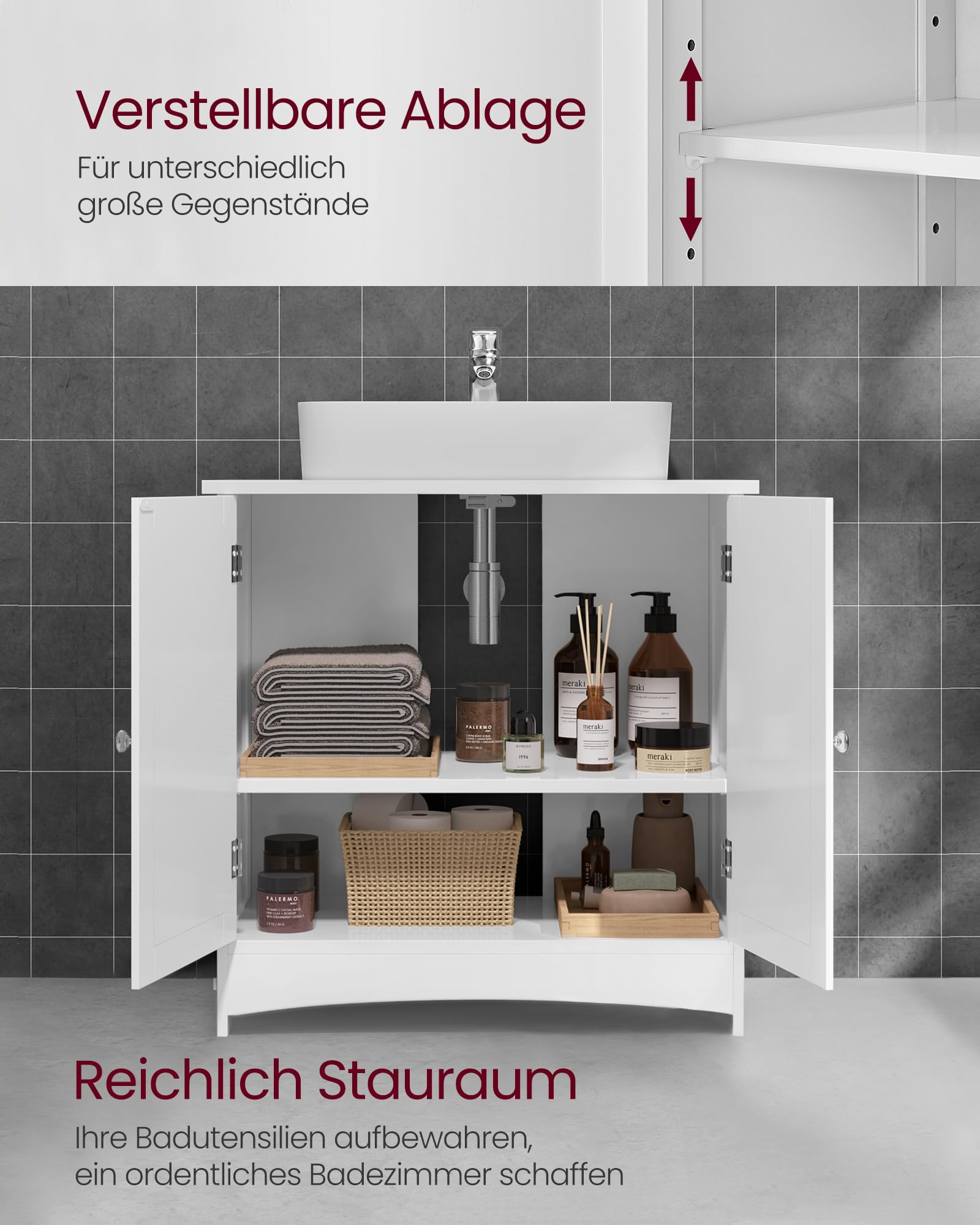 VASAGLE Waschbeckenunterschrank, Unterschrank, Badezimmerschrank, 30 x 60 x 60 cm, 2 Türen, Badschrank, höhenverstellbare Ablage, weiß BBC01WT