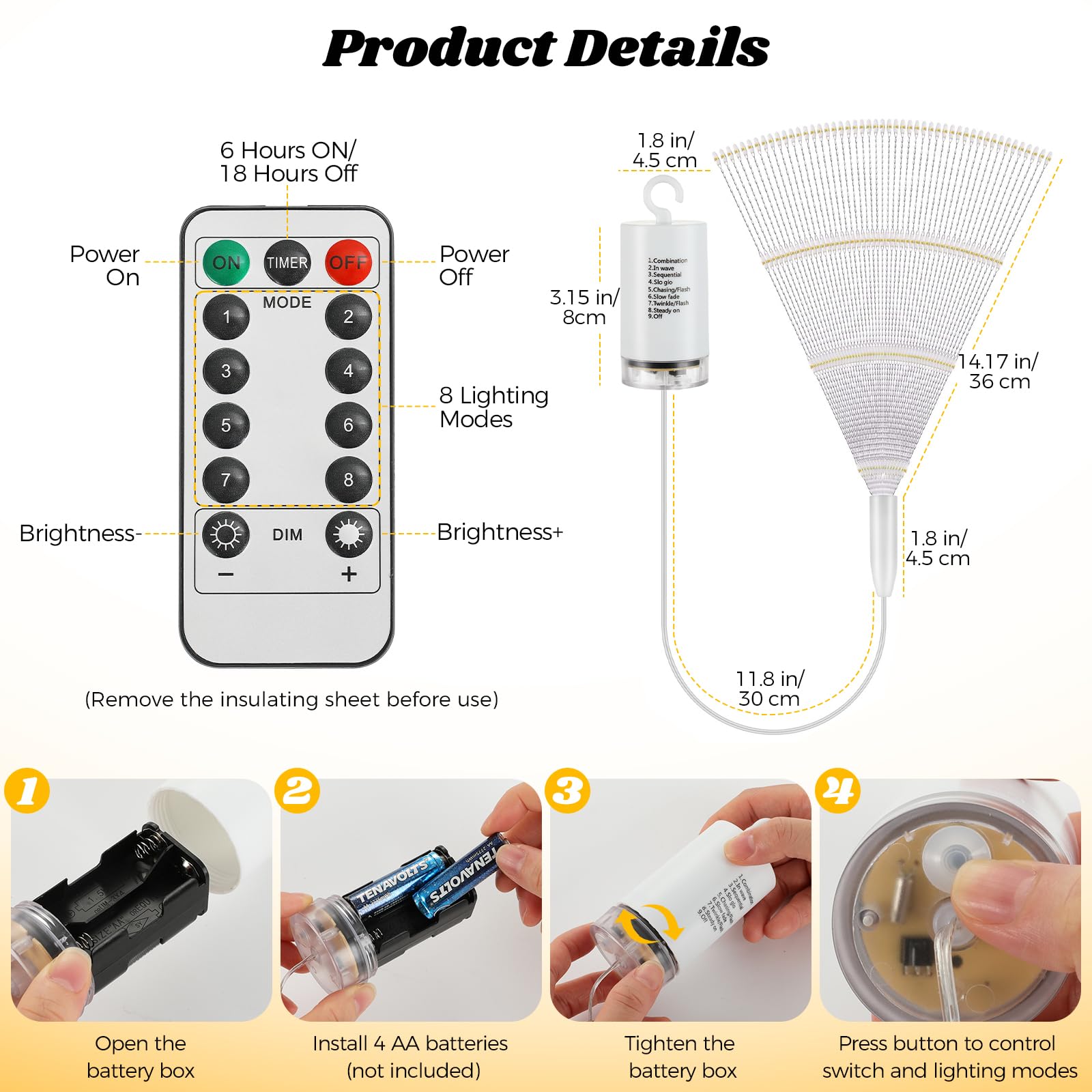 Lewondr Luci Fuochi D'Artificio Natalizi, 4PCS Luce Appendibili Fate Con Telecomando, 200 Luci LED, 8 Modalità, Luce A Stringa Stelle Impermeabili Per Interni Esterni Decorazione, Bianco Caldo