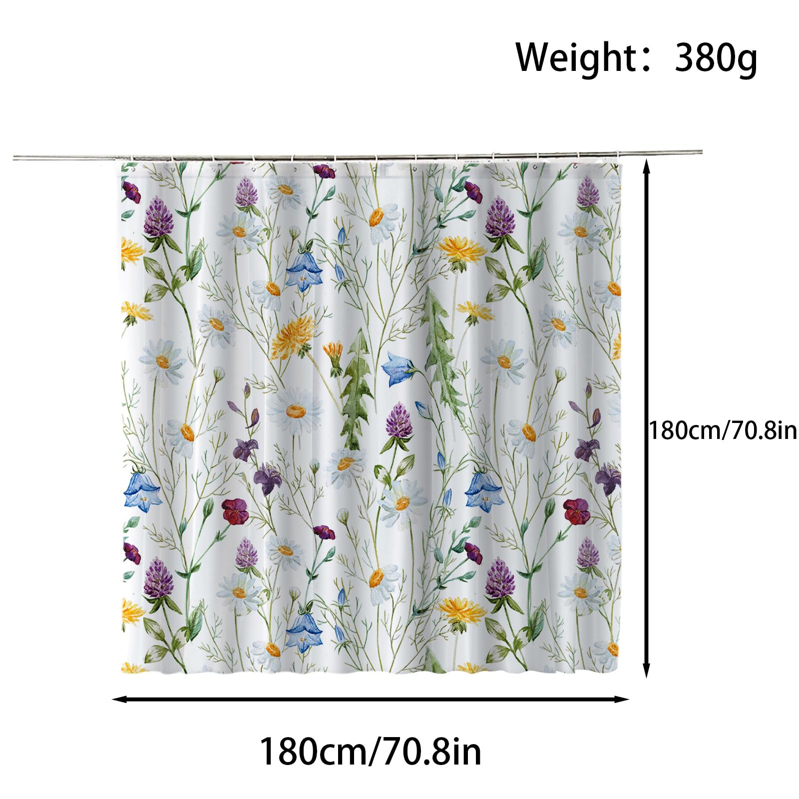 FAIRYGATE Garden Shower Curtain Watercolor Floral Shower Curtains Flowers Leaves Bathroom Curtain 180 x 180 cm Waterproof Mildew & Mould Resistant Polyester Fabric Bath Curtain with 12 Hooks B8115 - Image 2