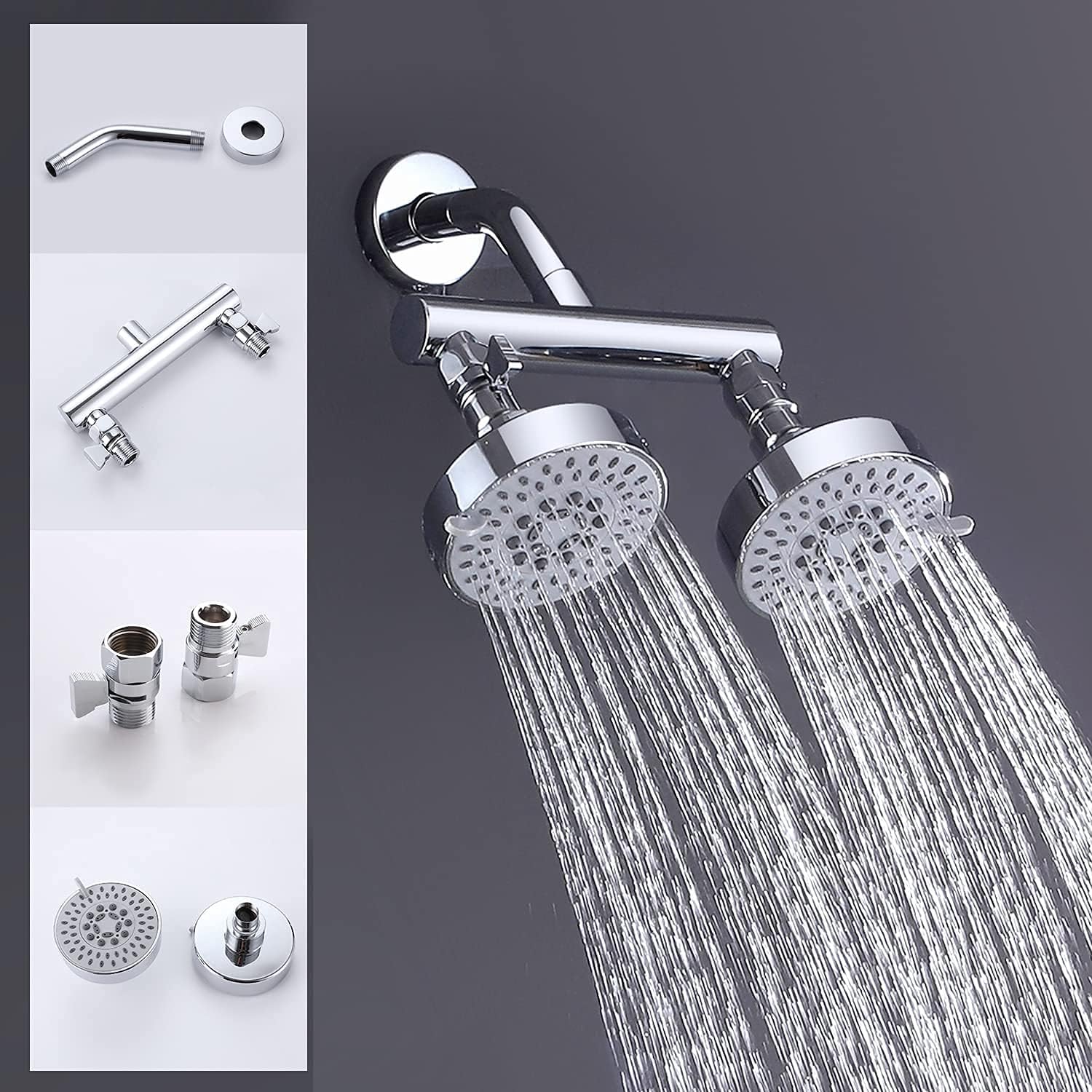 Exclusive Discount 70% Price Double Shower Head with Shower Head Shut-Off Valve and Shower Arm Set, Solid Brass Dual Outlet Manifold 2 High Pressure Fixed Shower Head 5 Function Shower Heads Sprayers, Chrome