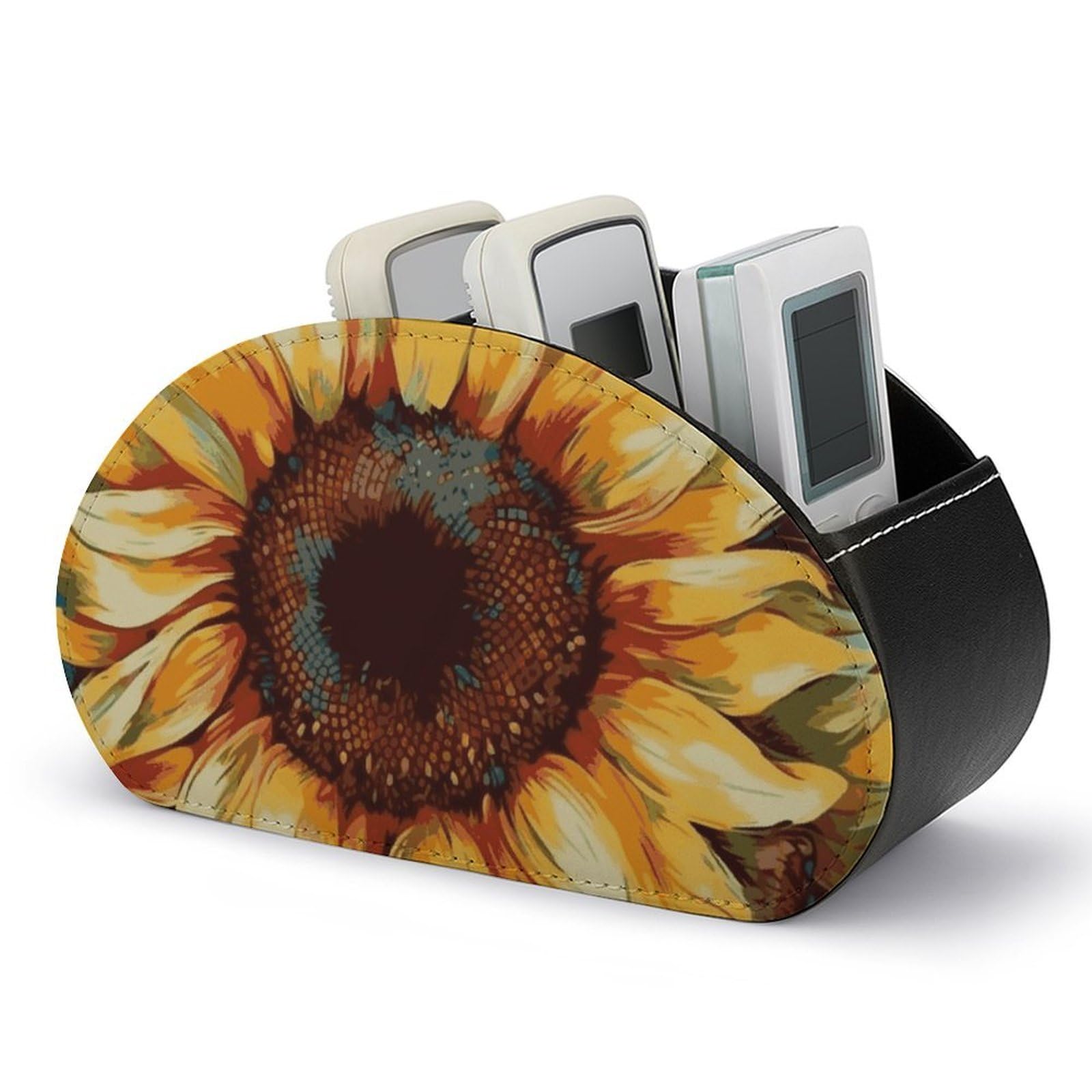 JTREHY - Sunflowers Remote Control Holder with 5 Compartments PU Leather with Multifunctional Computer Stand, Bedside Organizer Tray