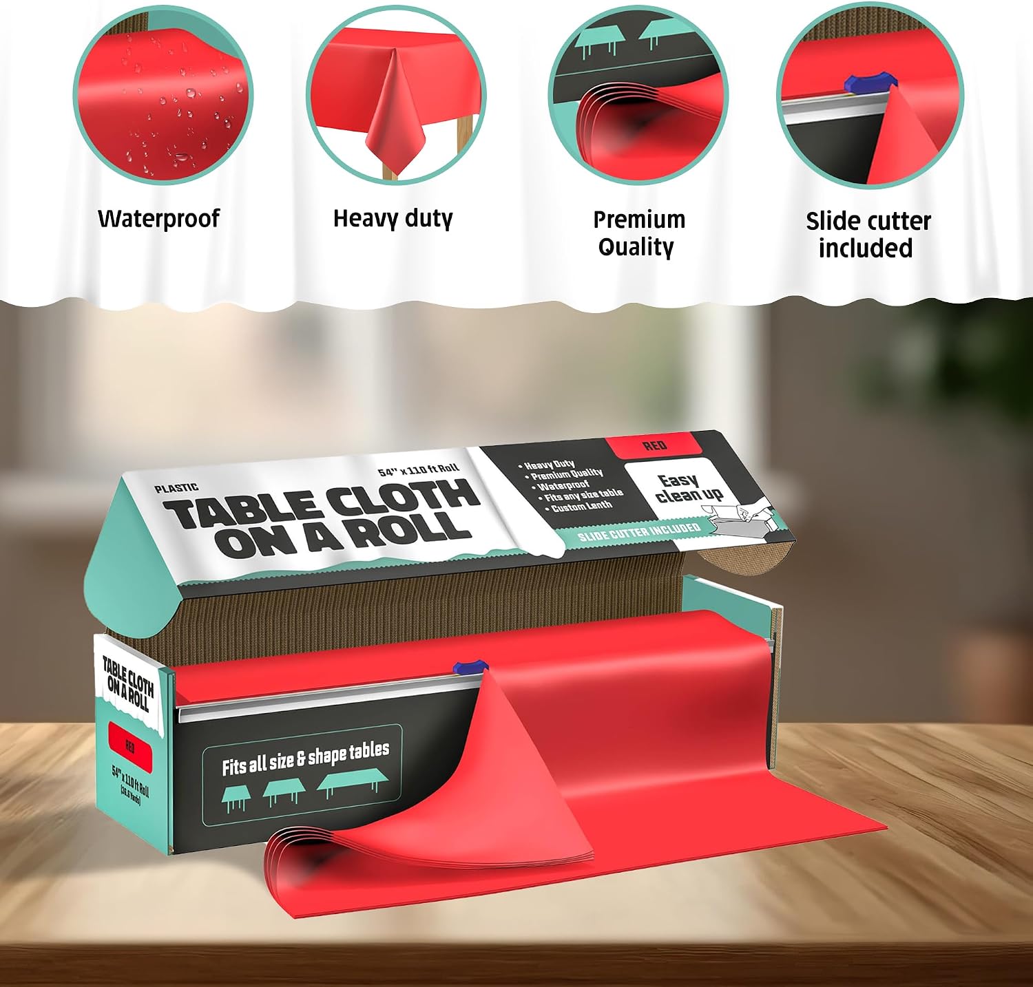 Tablecloth Roll – 54" X 110' Red Premium Plastic Table Cloths with Cutter Box - Cut to Size Cutter - Decorative Rectangle Table Cover Smooth Tablecloth - Disposable Table Cloths for Parties, Weddings.
