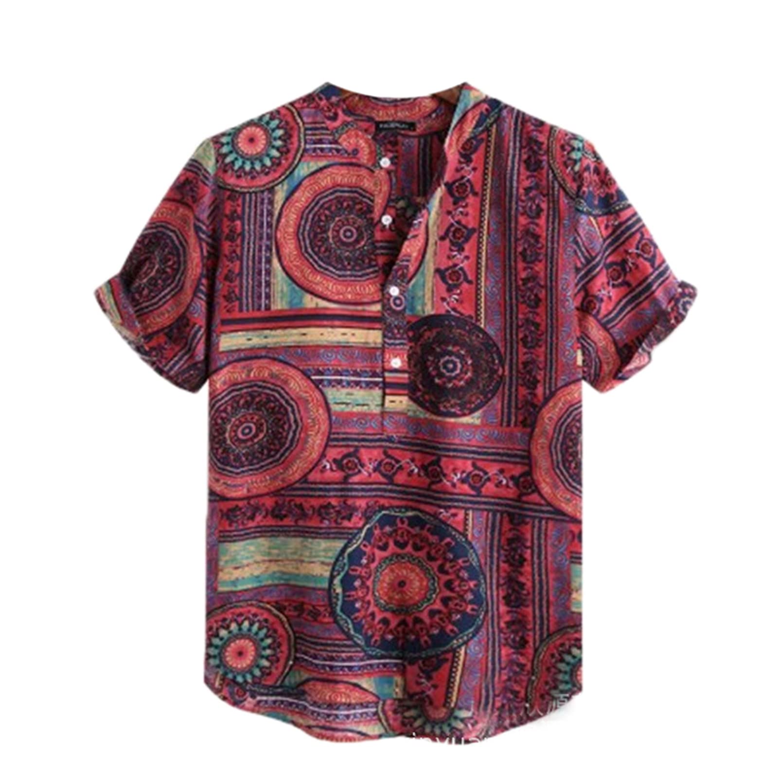 Keepmore Men's Dark Red Beach Short Sleeve Shirt Summer Casual Vintage Printed Short Sleeve Button Down Beach Shirt For Beach Holiday