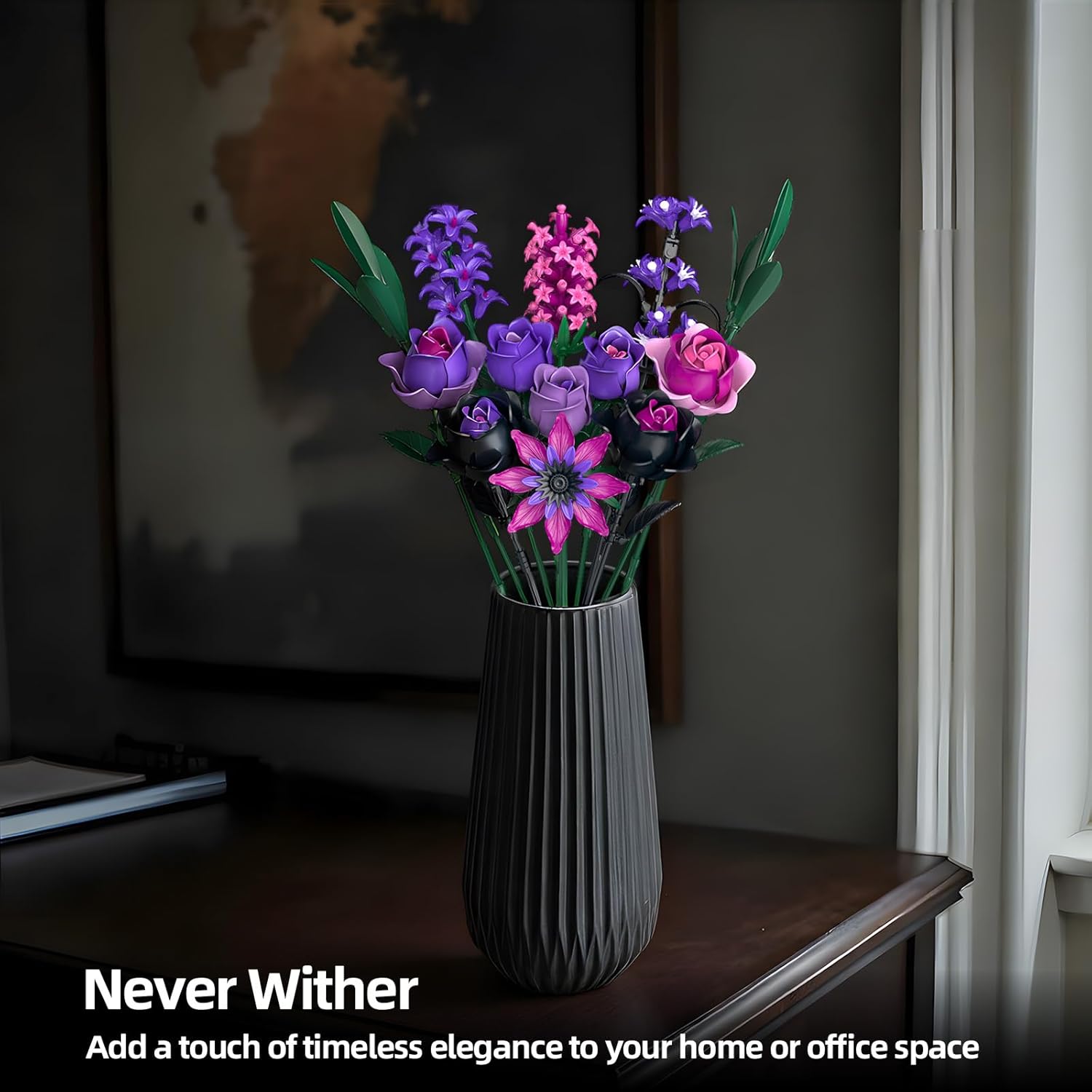 Purple Rose Flowers Bouquet Building Set - Valentines Decor Compatible with Lego Flowers for Adults Women - Gothic Home Office Table Centerpiece Decor, Halloween Christmas Valentine's Gift - Image 7