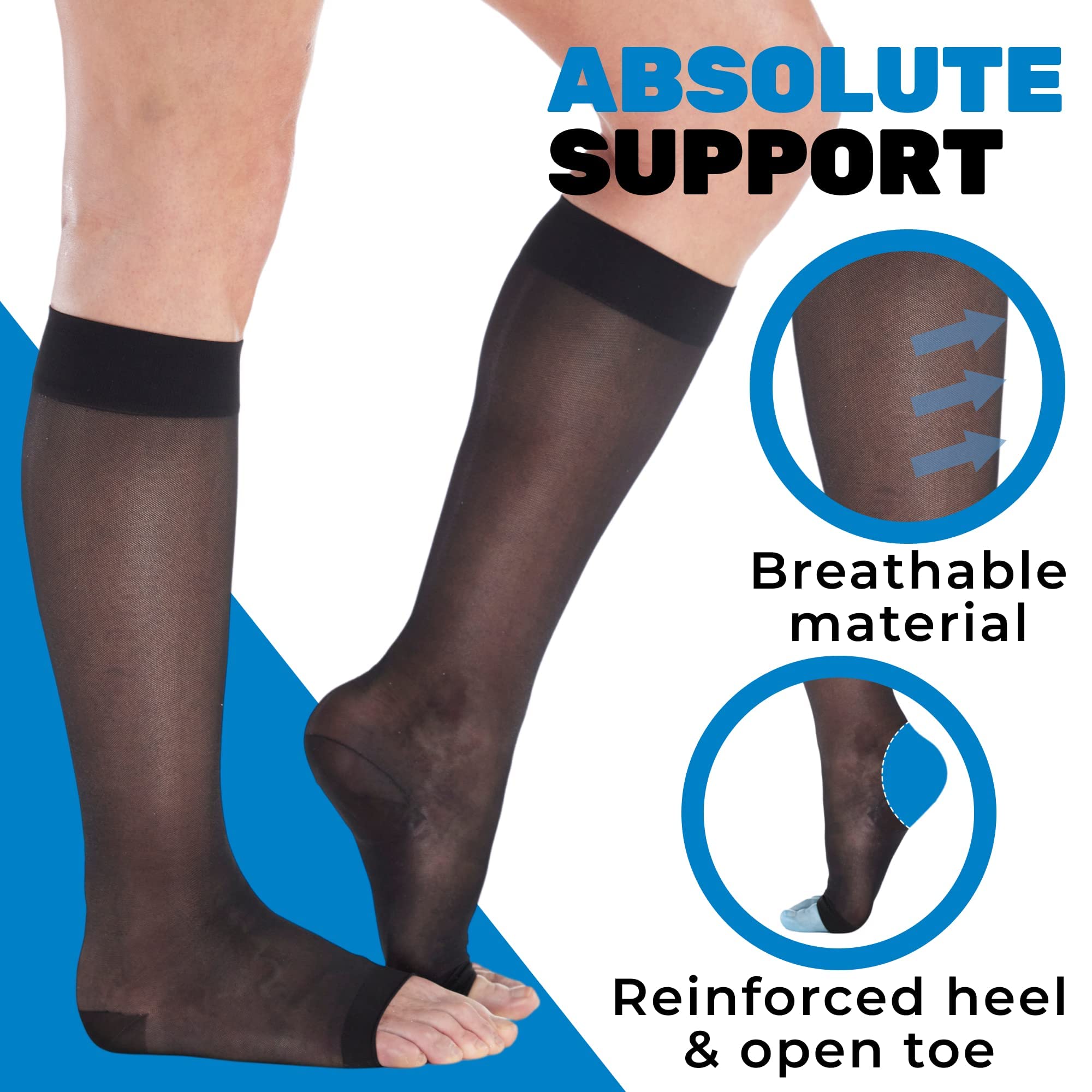 ABSOLUTE SUPPORT Calcetines de compresión transparentes para mujer, circulación, 15-20 mmHg con puntera abierta