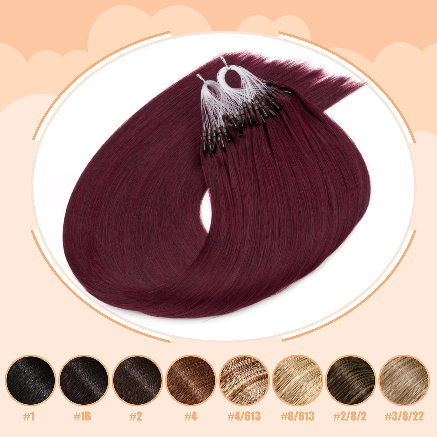 Kun Na Human Hair Extensions Wine Red Micro Beads Real Human Hair Burgundy Micro Loop Hair Extensions 20 Inch 50g #99J - Image 4