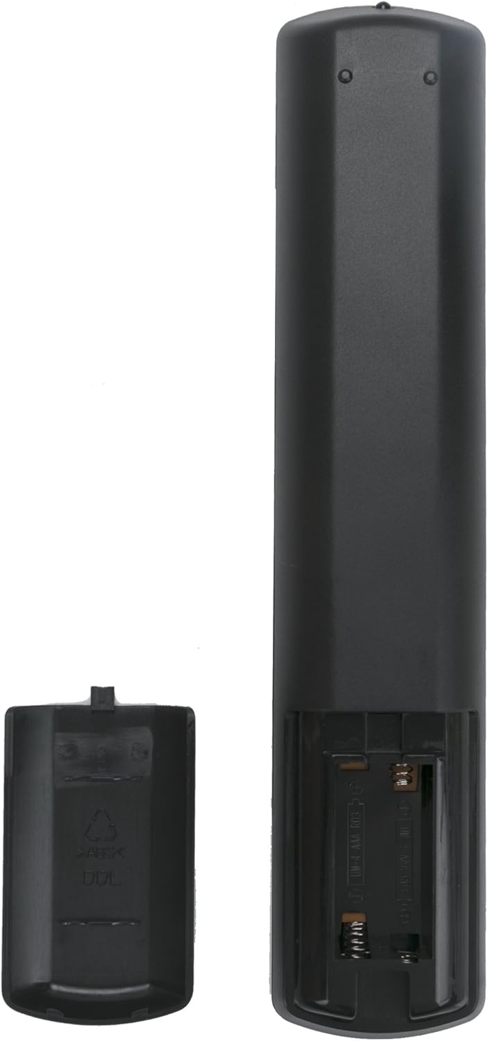 Nyuma view of the VINABTY RC5112 remote control with the battery cover removed, showing the battery compartment.