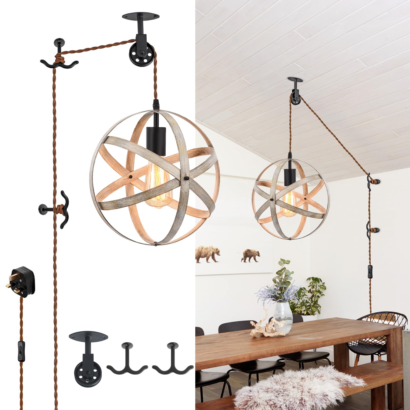 KEESFU Plug in Pendant Light with Wood Grain & Globe Shade, Farmhouse Pulley Hanging Ceiling Lamp with 3.5m Cord & On/Off Switch, Adjustable Hanging Light for Kitchen Island, Pool Table, Bedroom