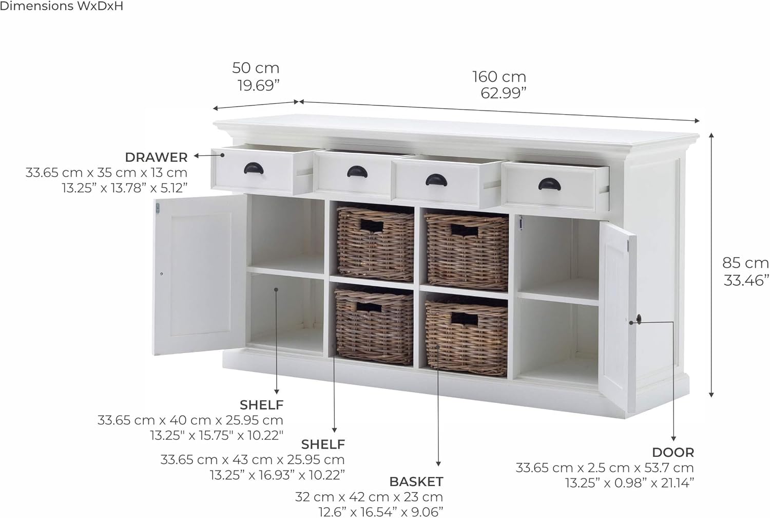 NovaSolo Halifax Pure White Mahogany Wood Sideboard Dining Buffet With Storage, 4 Drawers And 4 Rattan Baskets