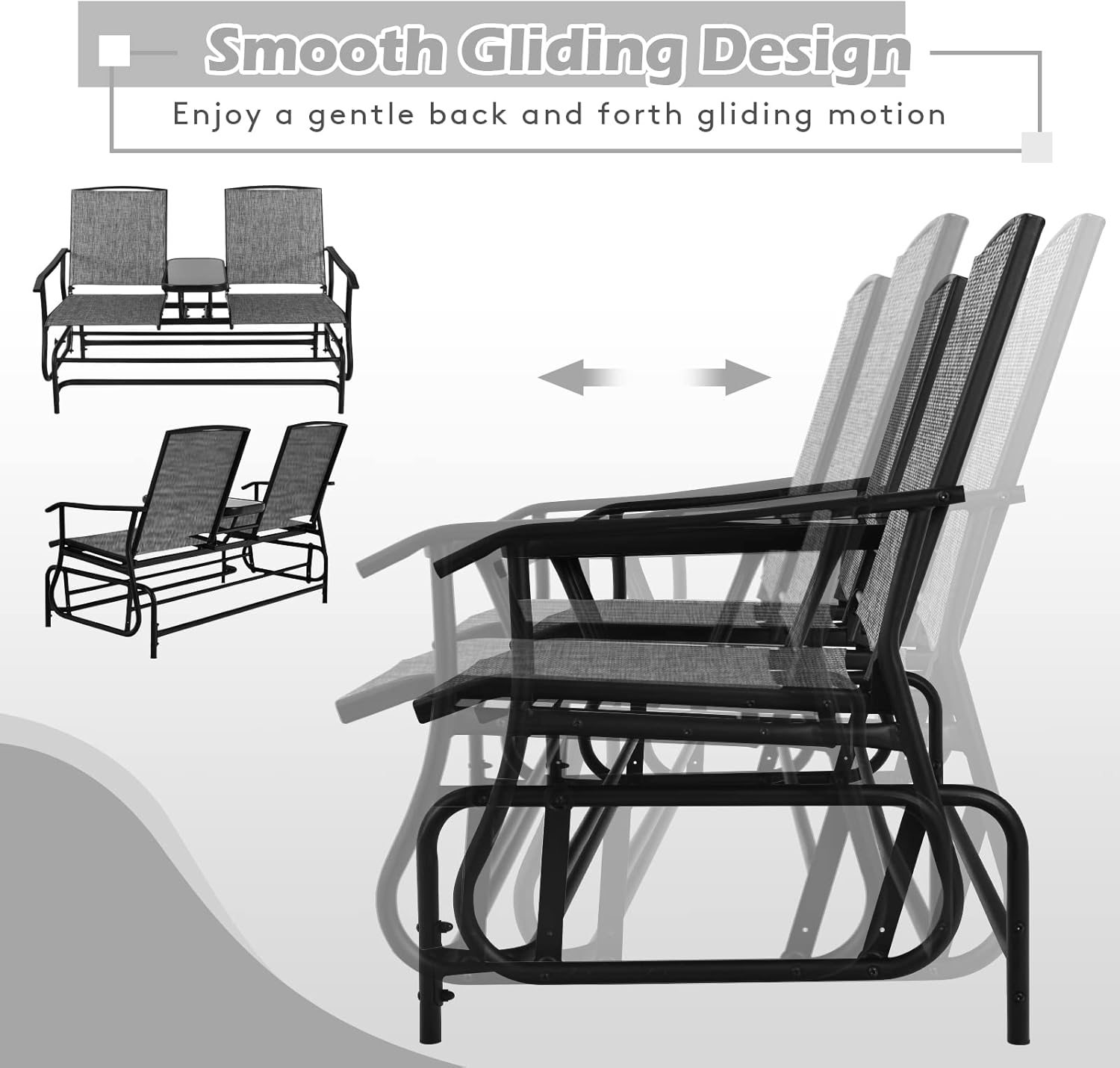 S AFSTAR 2-Person Outdoor Glider, Patio Glider Bench Chairs with Center Tempered Glass Table & Breathable Loveseat, Double Swing Glider Chair for Porch Garden Poolside Balcony Lawn (Gray)