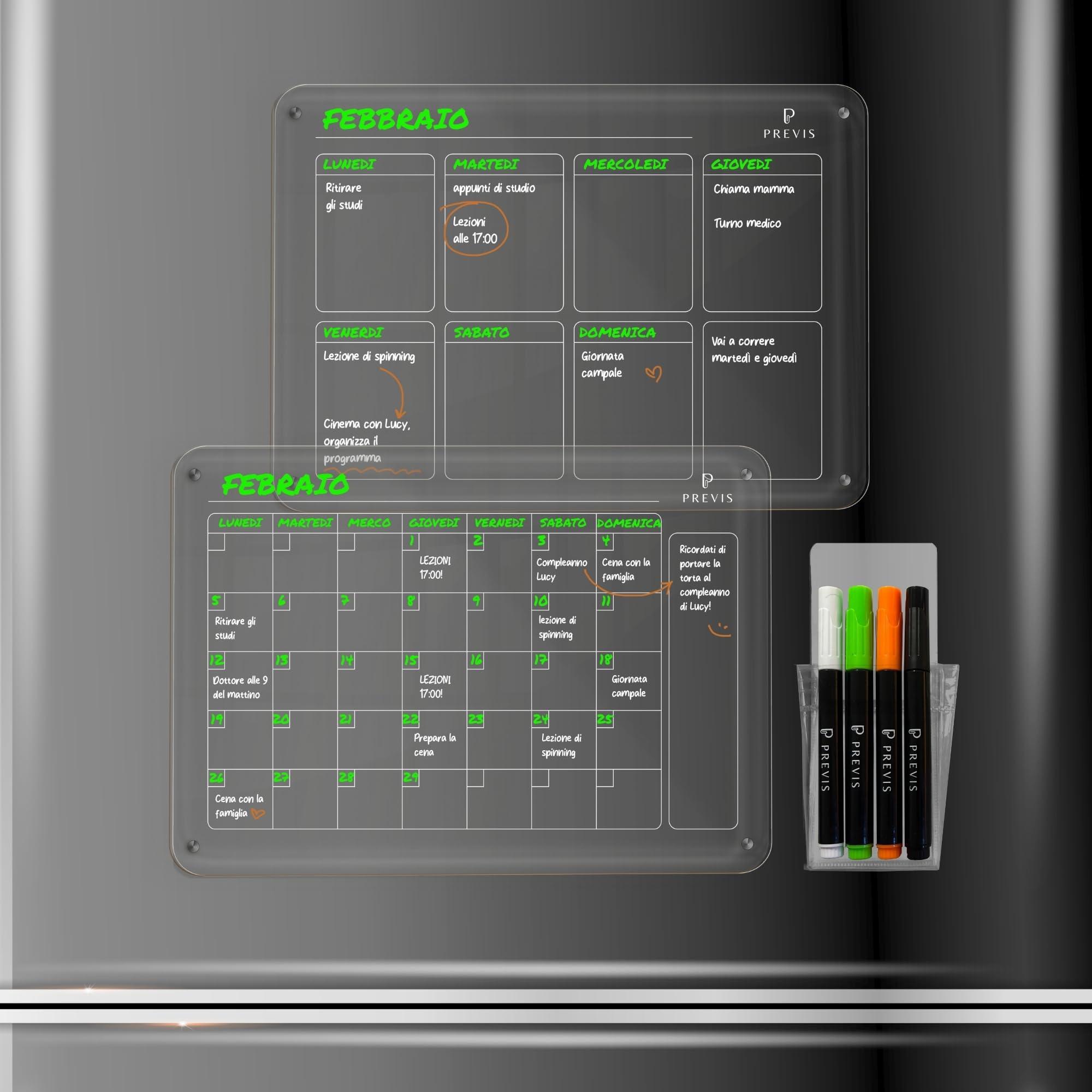 Previs Brand Kit di 2x Lavagna Magnetica Frigo Trasparente (Settimanale + Mensile) A4 (21x29,7cm) con 4 Pennarelli Premium - 2x Calendario Acrilico Trasparente Frigo