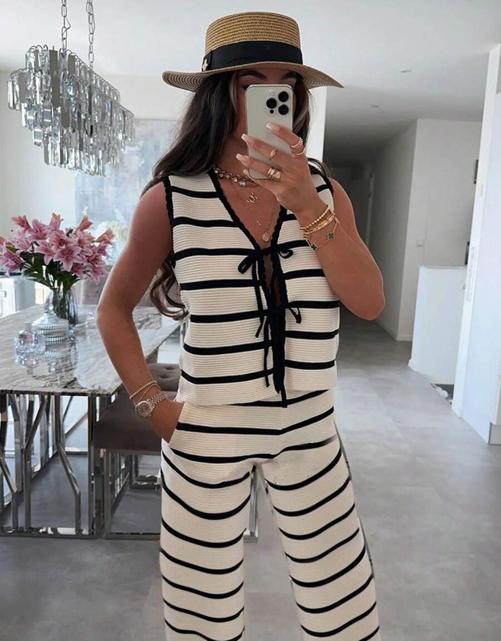Completo Estivo da Donna In Maglia A Righe Top Senza Maniche Con Allacciatura Frontale E Pantaloni A Gamba Larga Comodo Set Coordinato In Due Pezzi