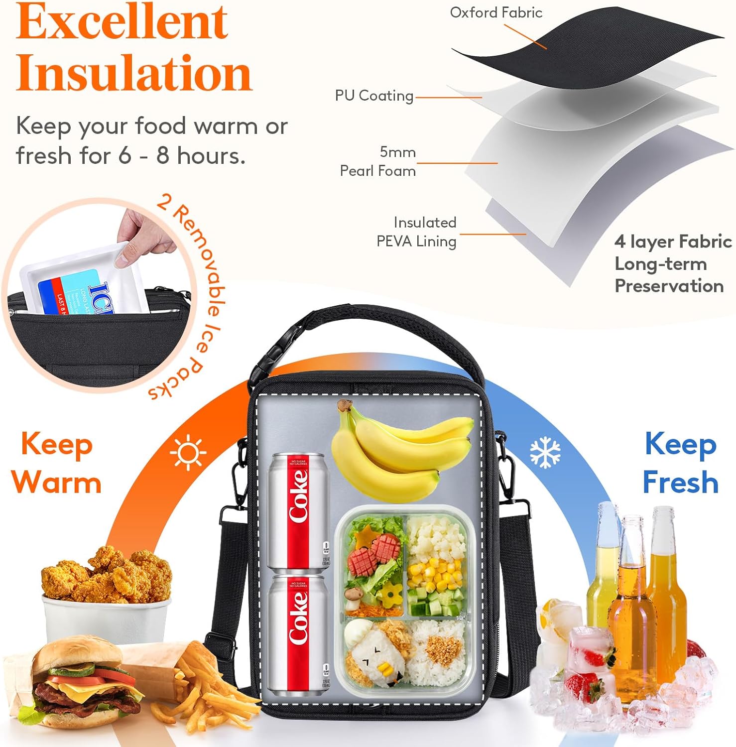 Lifewit Expandable Lunch Box for Men, Insulated Lunch Bag, Portable Cooler Bag with Shoulder Straps and 2 Ice Packs for Men Women Adult for Work College Travel, 6.5L 12 Cans Black - Image 2