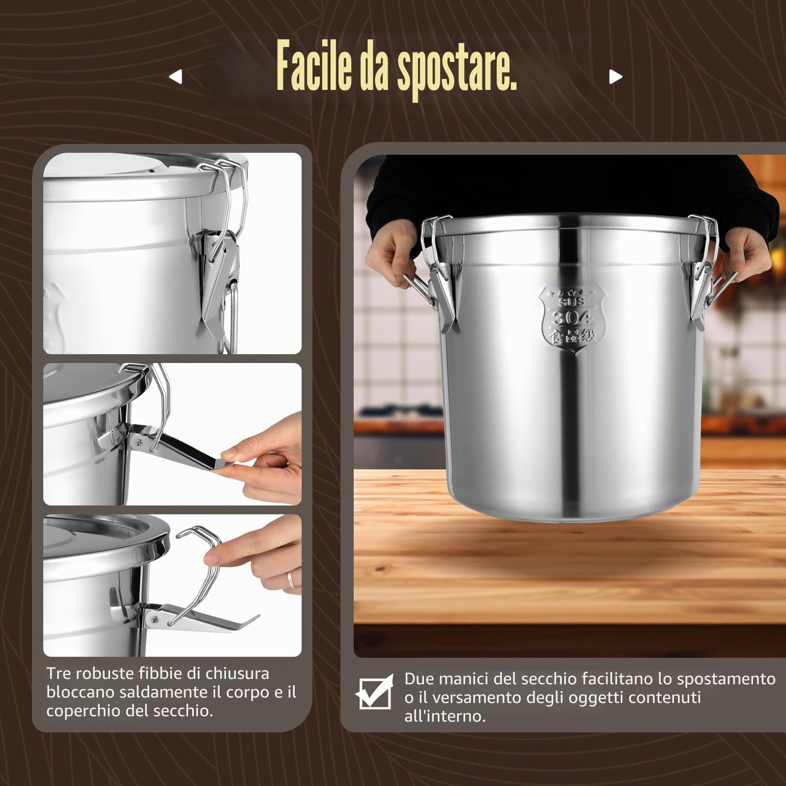 MINRS Secchio con coperchio, contenitore ermetico per alimenti, in acciaio inox, da cucina, in acciaio inox, con coperchio e morsetto di bloccaggio (33 L)