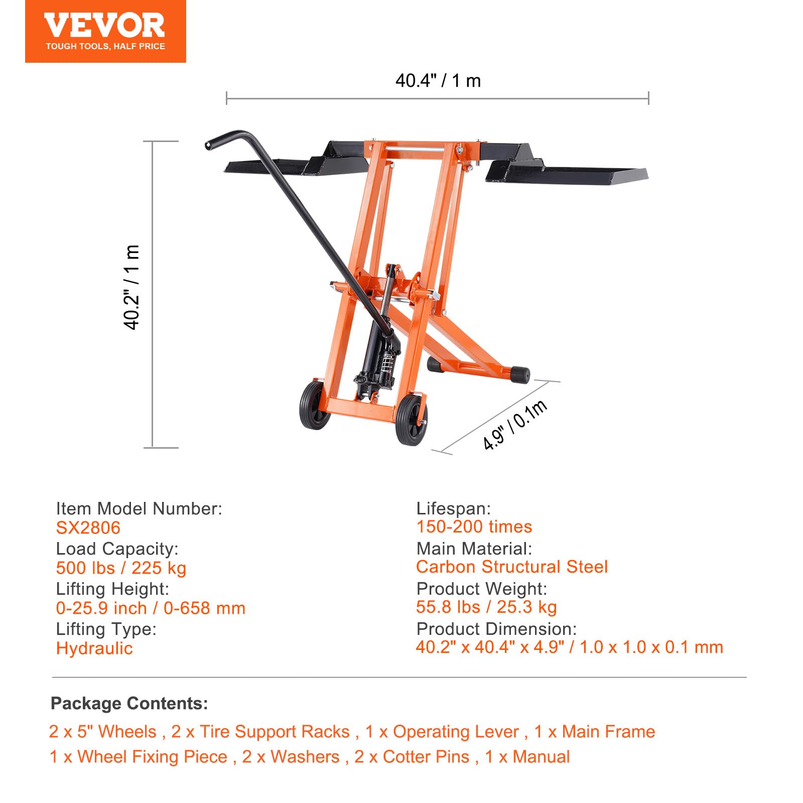 VEVOR Elevador de Cortacésped Móvil Ajustable con Gato Hidráulico, Capacidad de Peso de 225 kg, Acero al Carbono Sólido, para Tractores y Cortadoras de Césped de Giro Cero, Naranja, 1,0 x 1,0 x 0,1 m