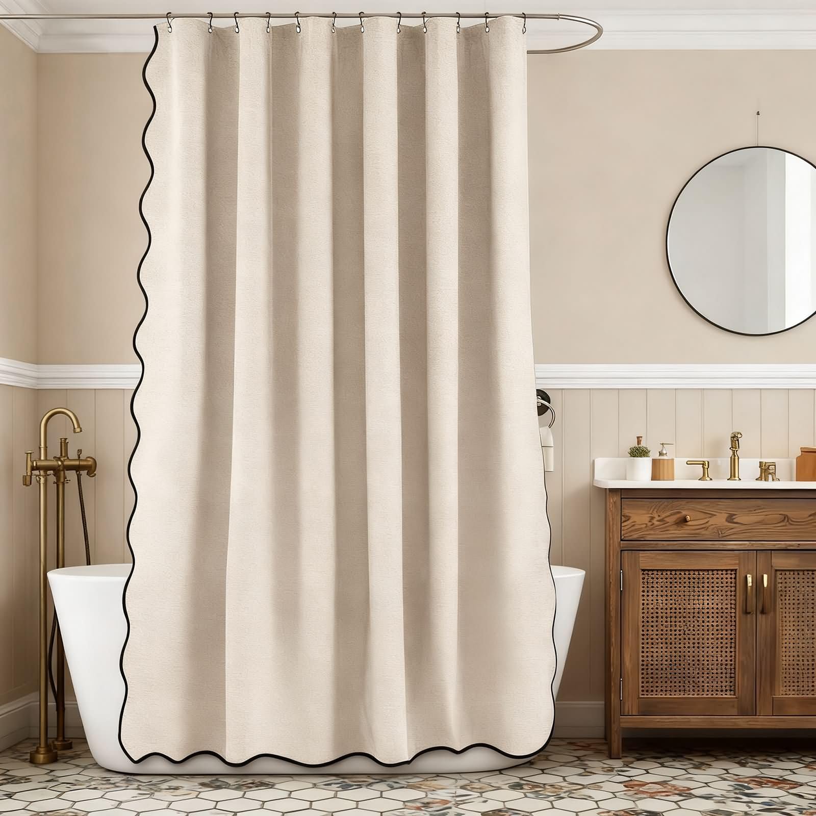 Duschvorhang 180x200cm Polyester Schimmelresistent mit 12 Ringen | Einfarbig Beige mit Schwarz Welle,Wasserabweisende Textilien,Rostfreie Ösen,Blickdicht für Bad Wanne Hotel Ferienwohnung