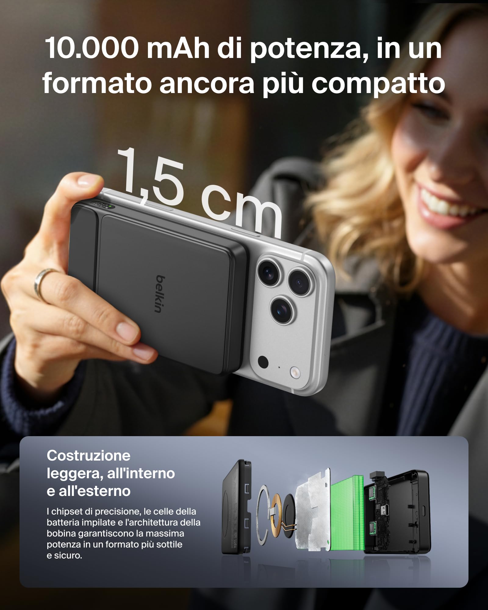 Belkin UltraCharge Power Bank Magnetico 1000mAh con Porta USB-C - Nero | Caricatore Portatile 10000mAh Sottile Wireless, Certificato Qi2 25W, Anello Magnetico, USBC, Precarico, Cavo, Sicuro in Aereo