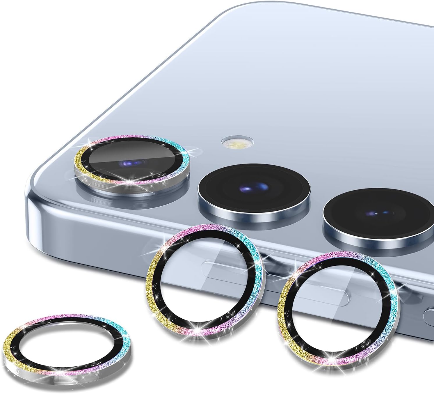 for Samsung Galaxy S25 Plus Camera Lens Protector, Individual Metal Ring Tempered Glass Lens Cover, [Strong Adsorption] Scratch Resistant Ultra-Thin HD Clear Lens Cover, 1 Set-Colorful Sparkly - Image 2
